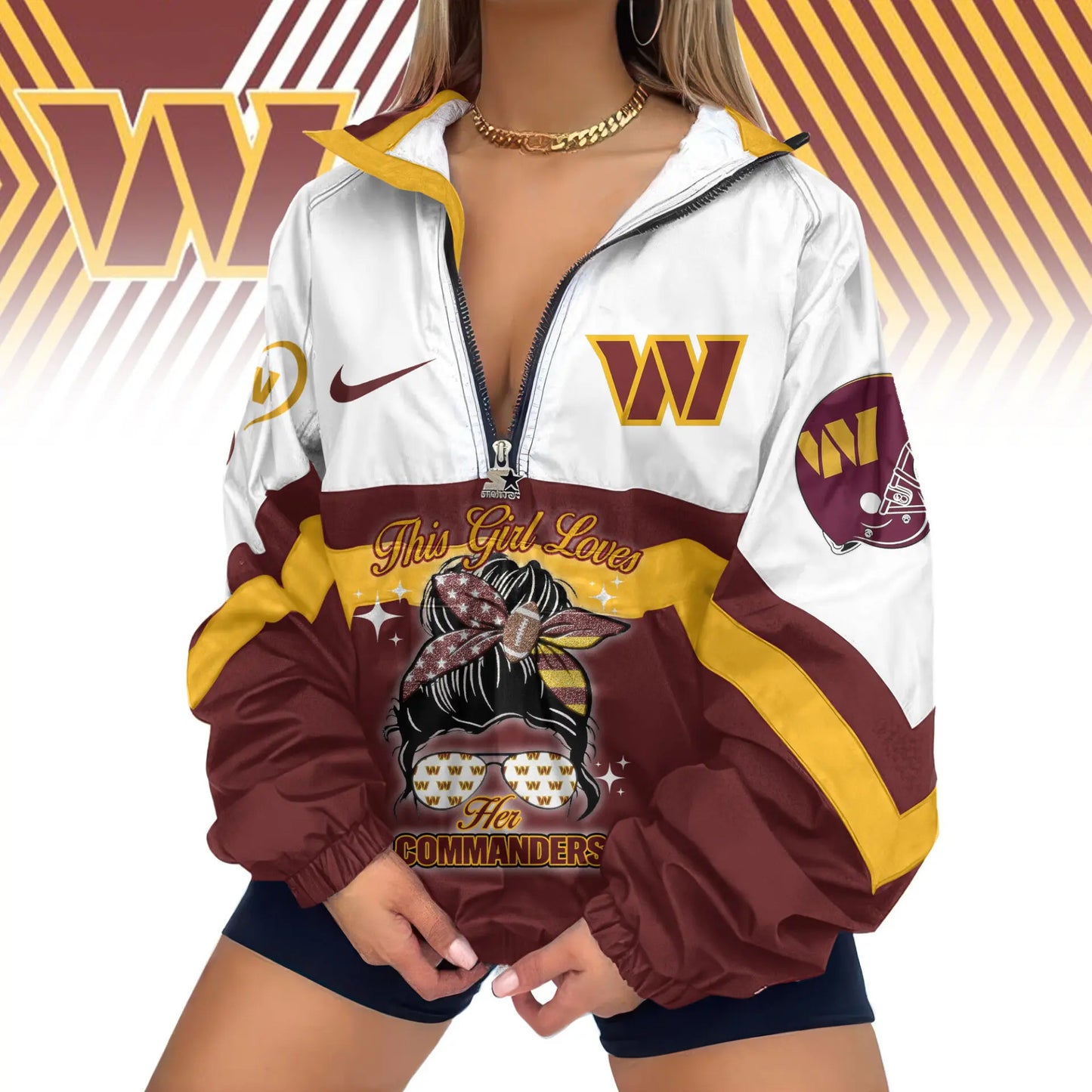 Washington Commanders | Premium Women’s Printed V-Neck Zipper Sweatshirt Jackets TD – HuddleStyle.com - Main