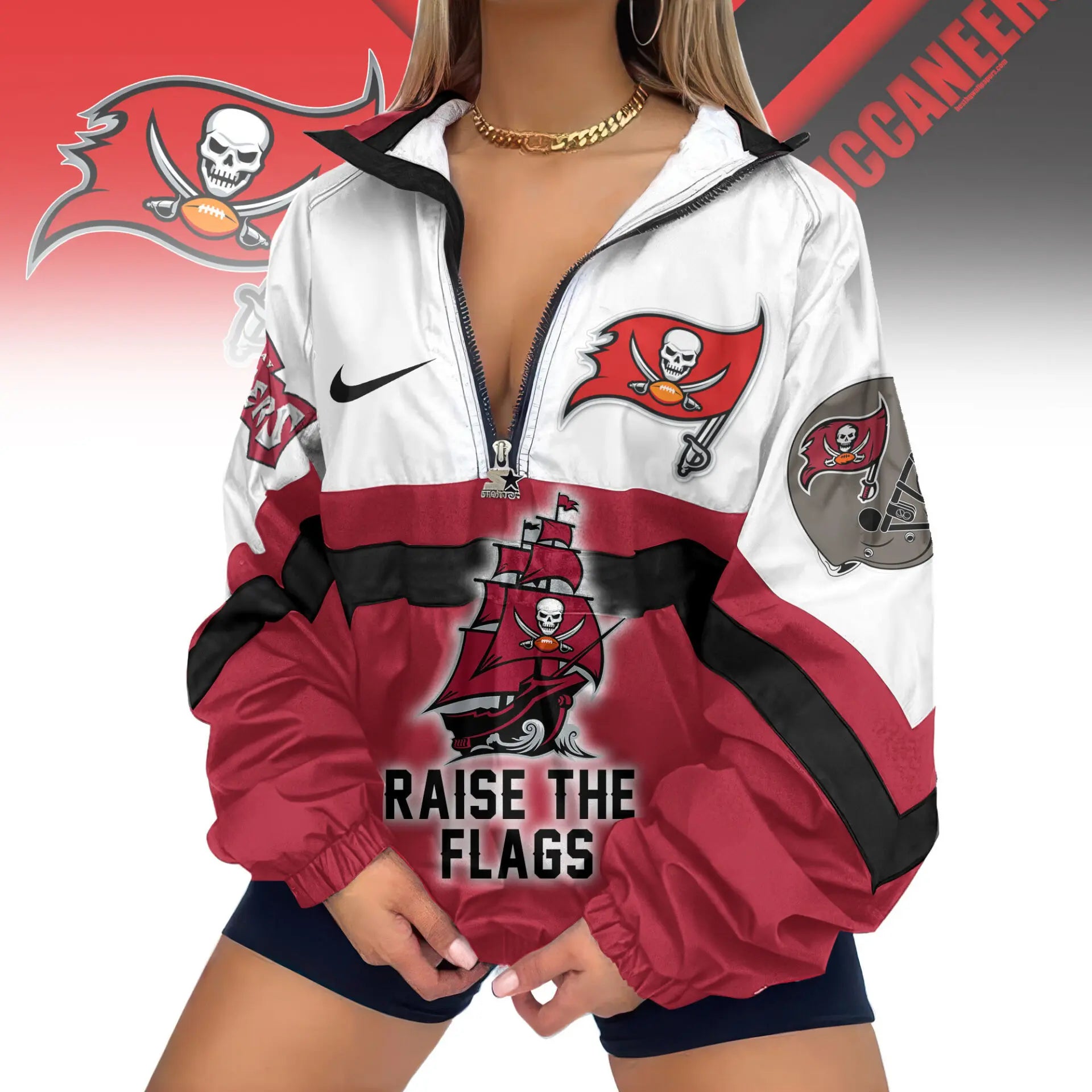 Tampa Bay Buccaneers | Premium Women’s Printed V-Neck Zipper Sweatshirt Jackets TD – HuddleStyle.com - Main