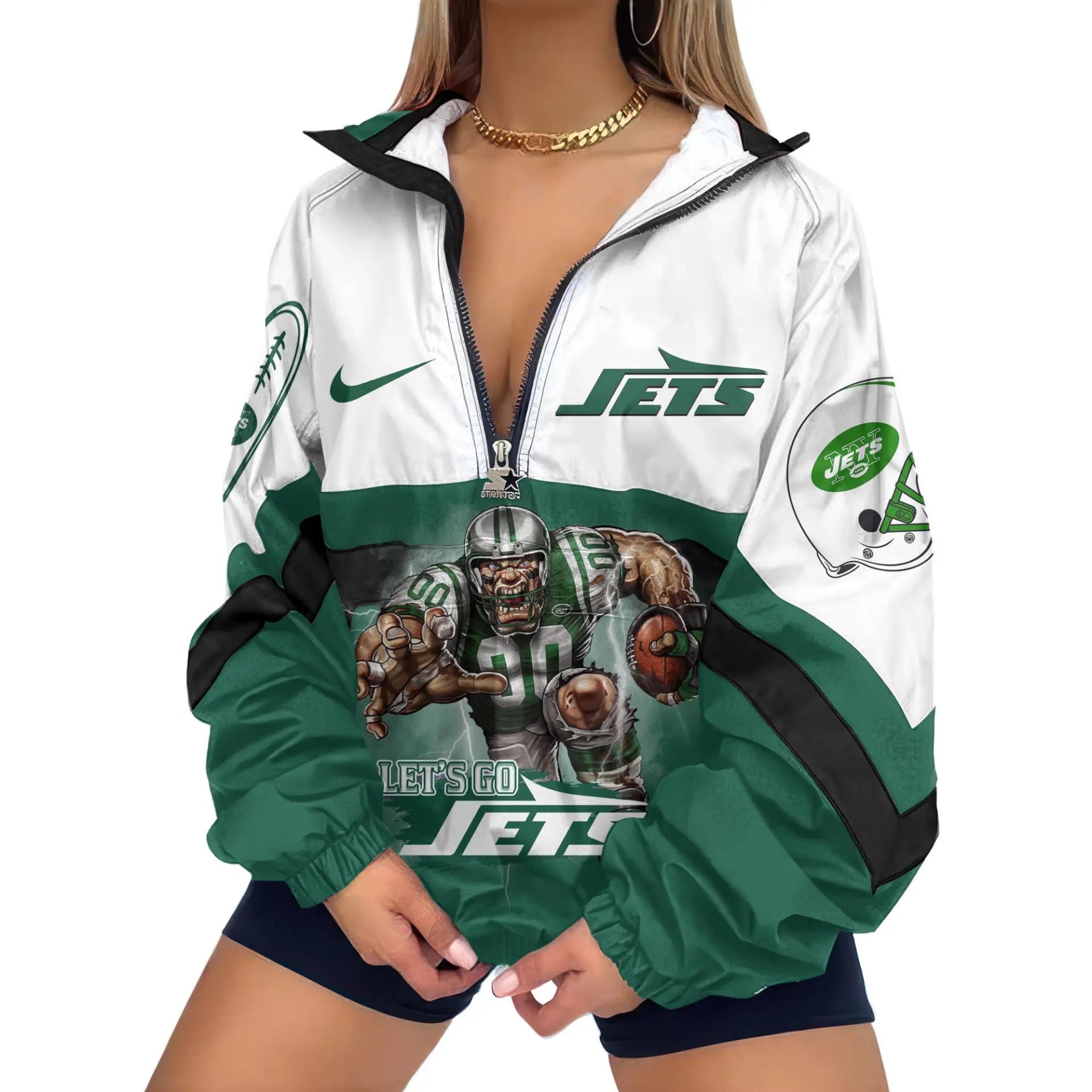 New York Jets | Premium Women’s Printed V-Neck Zipper Sweatshirt Jackets TD – HuddleStyle.com - Main