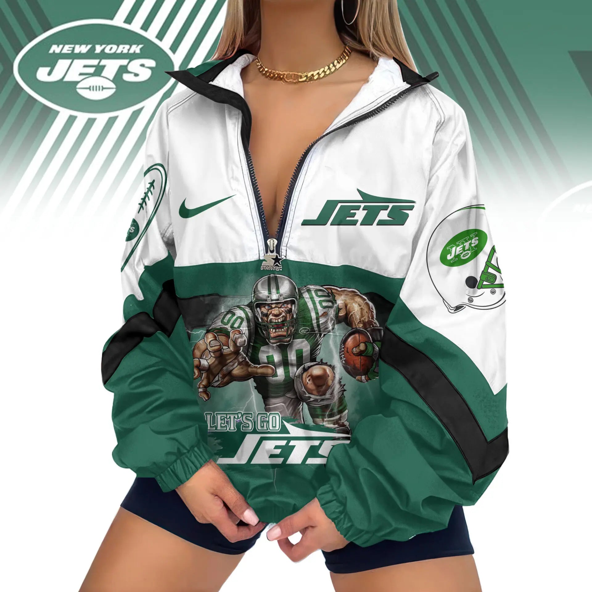 New York Jets | Premium Women’s Printed V-Neck Zipper Sweatshirt Jackets TD – HuddleStyle.com - Image 2