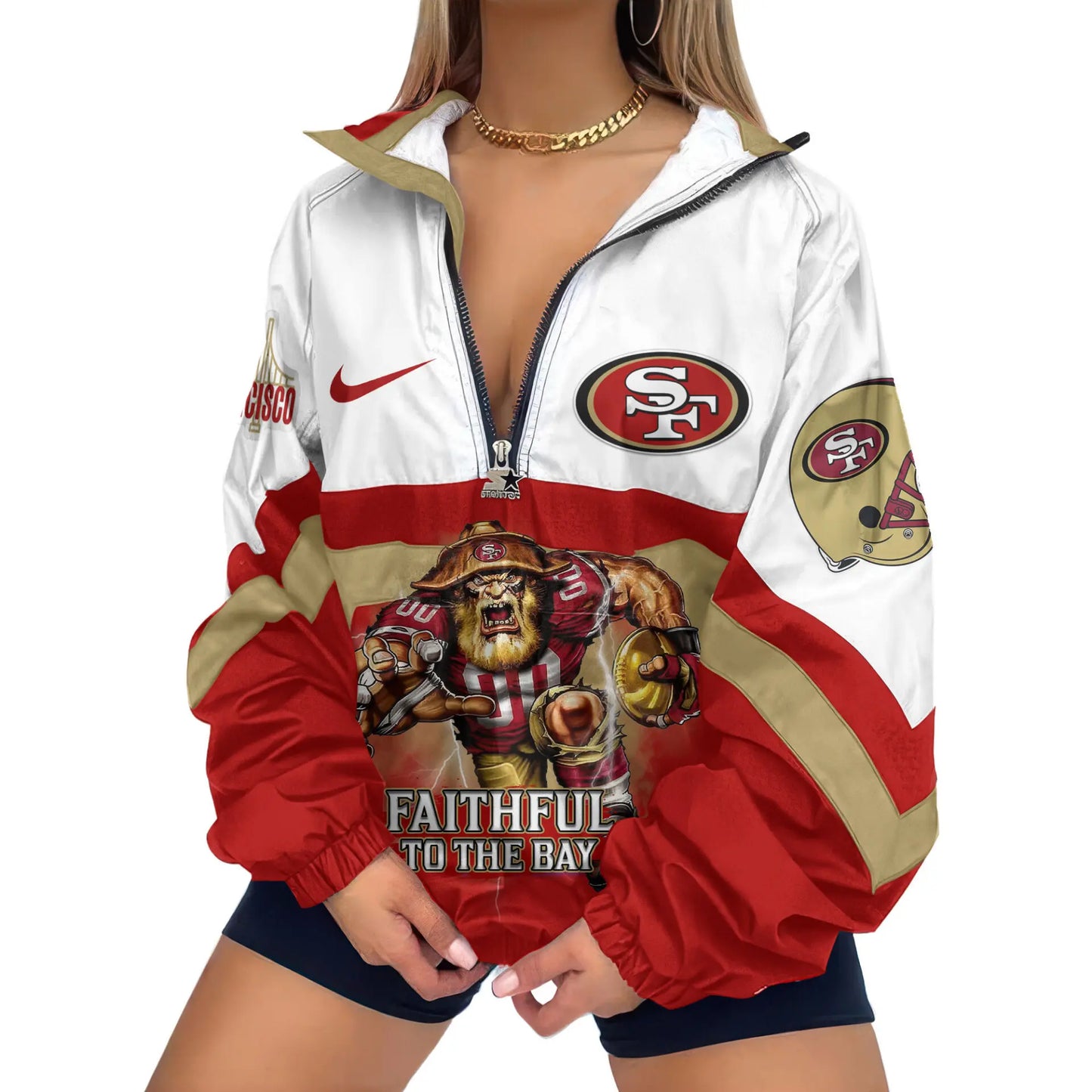San Francisco 49ers | Premium Women’s Printed V-Neck Zipper Sweatshirt Jackets TD – HuddleStyle.com - Image 2