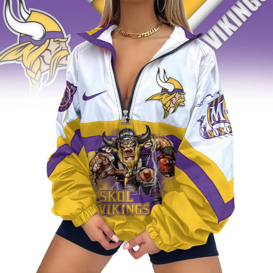 Minnesota Vikings | Premium Women’s Printed V-Neck Zipper Sweatshirt Jackets TD – HuddleStyle.com - Main