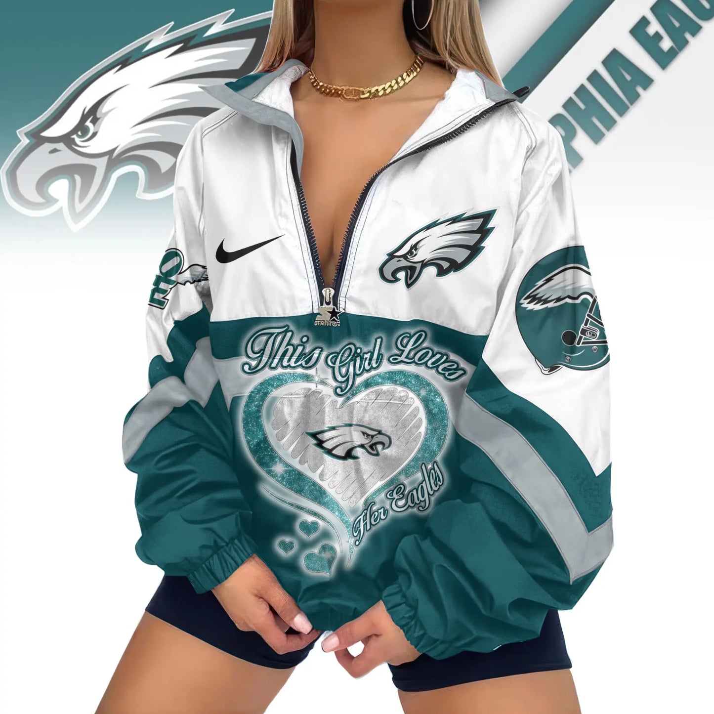 Philadelphia Eagles | Premium Women’s Printed V-Neck Zipper Sweatshirt Jackets TD – HuddleStyle.com - Main