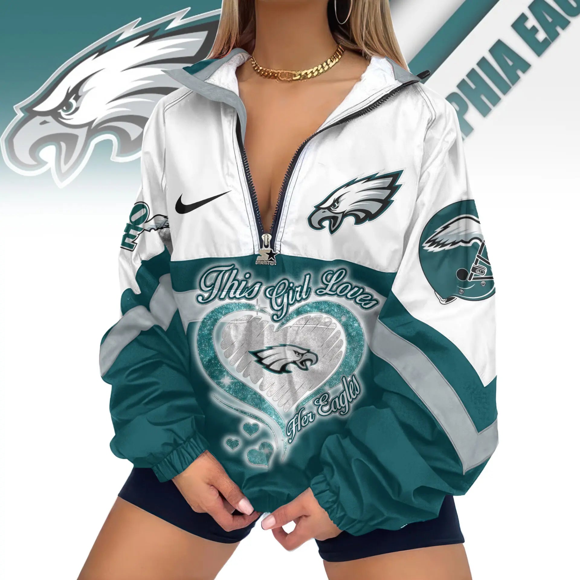 Philadelphia Eagles | Premium Women’s Printed V-Neck Zipper Sweatshirt Jackets TD – HuddleStyle.com - Main