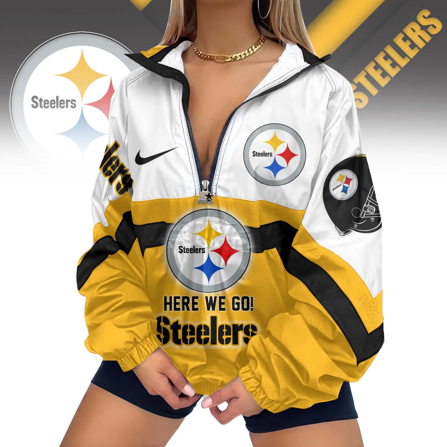 Pittsburgh Steelers | Premium Women’s Printed V-Neck Zipper Sweatshirt Jackets TD – HuddleStyle.com - Main