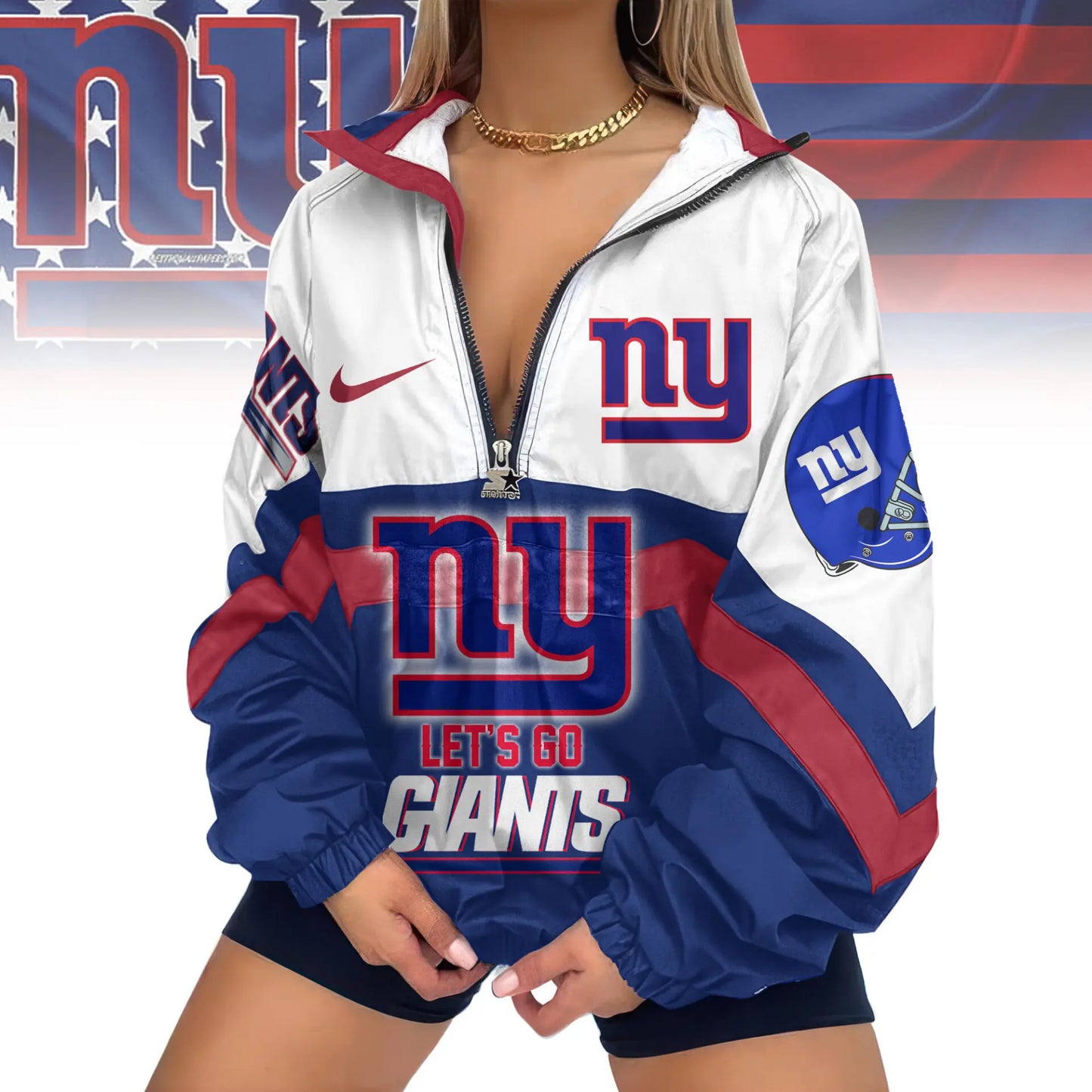 New York Giants | Premium Women’s Printed V-Neck Zipper Sweatshirt Jackets TD – HuddleStyle.com - Image 2