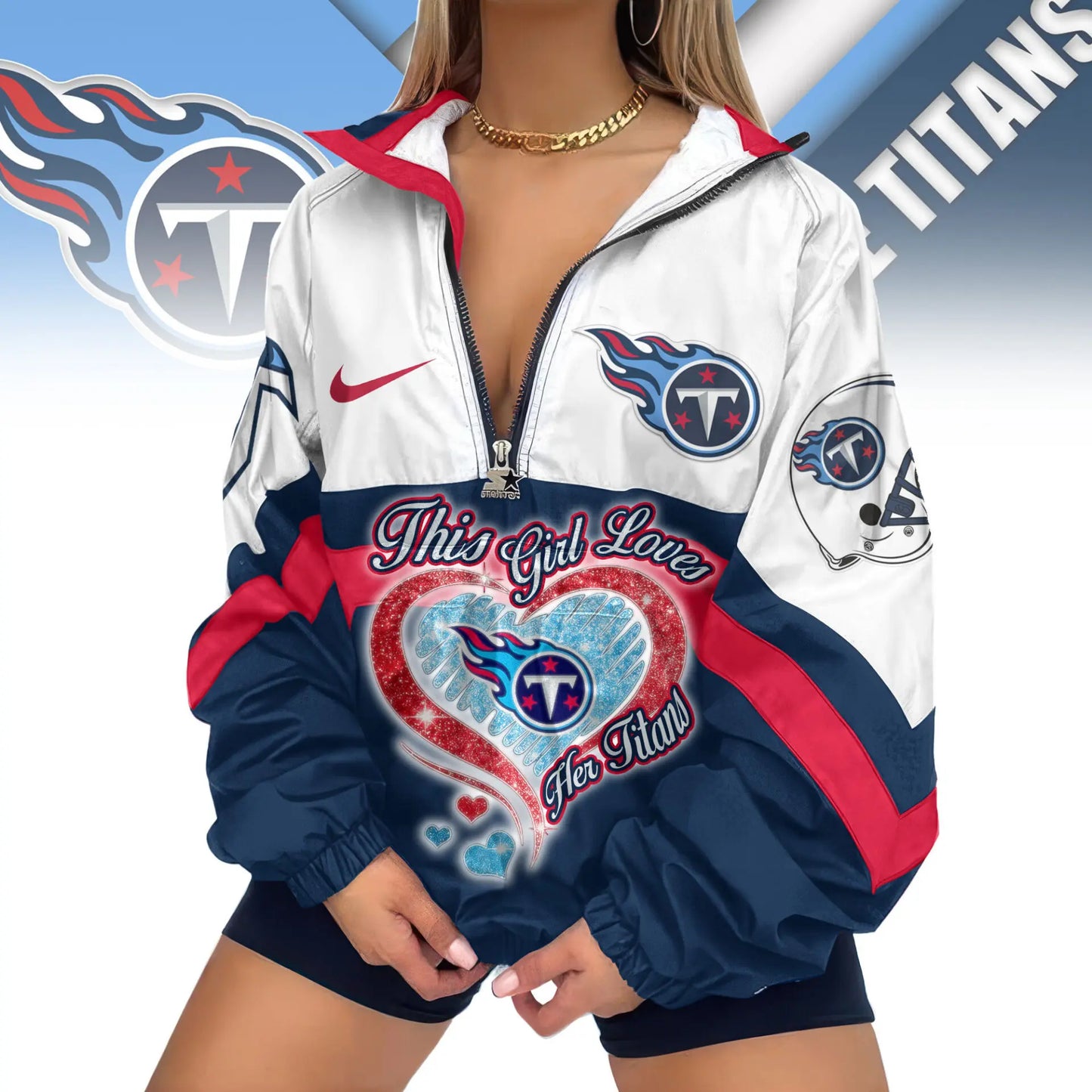 Tennessee Titans | Premium Women’s Printed V-Neck Zipper Sweatshirt Jackets TD – HuddleStyle.com - Image 2