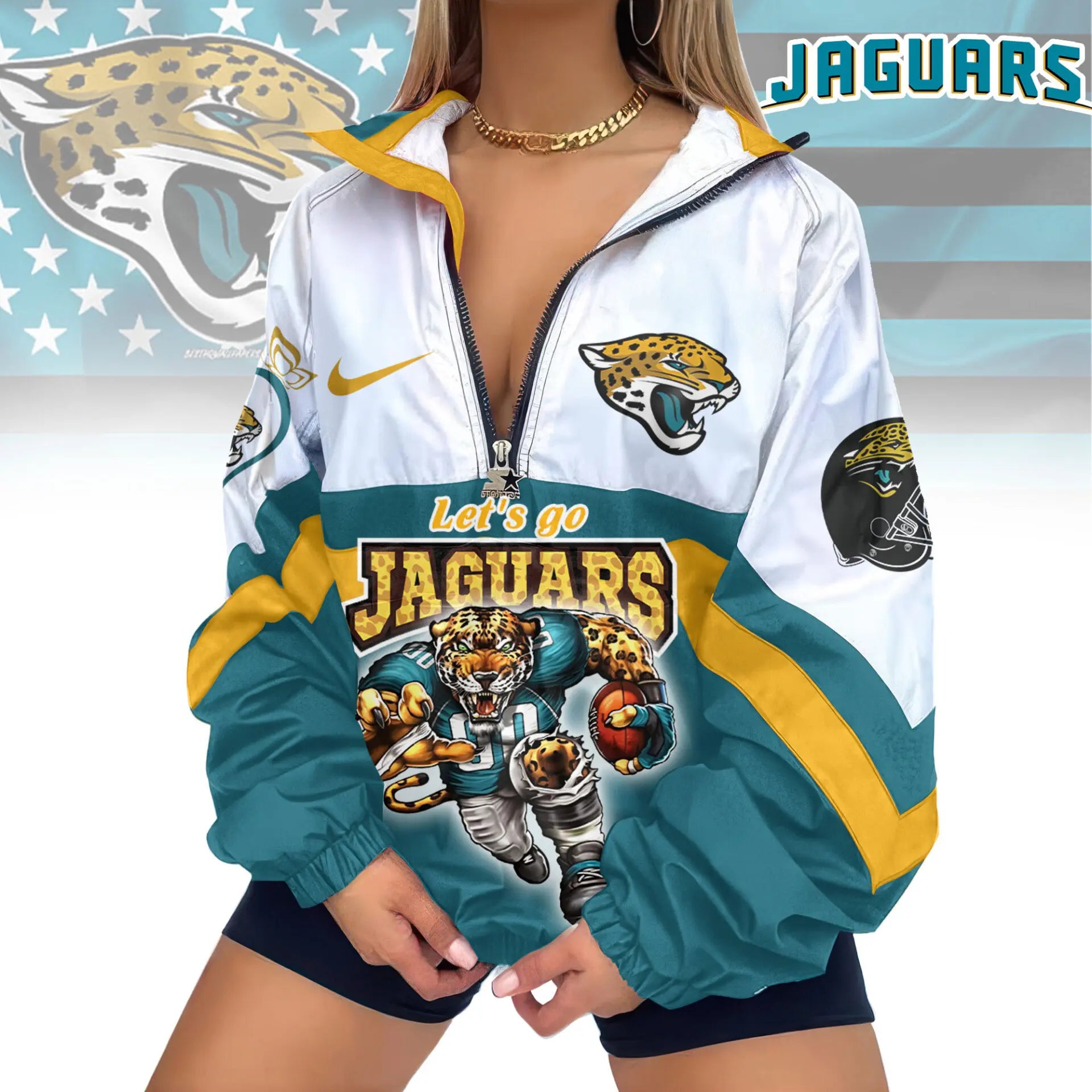 Jacksonville Jaguars | Premium Women’s Printed V-Neck Zipper Sweatshirt Jackets TD – HuddleStyle.com - Image 2