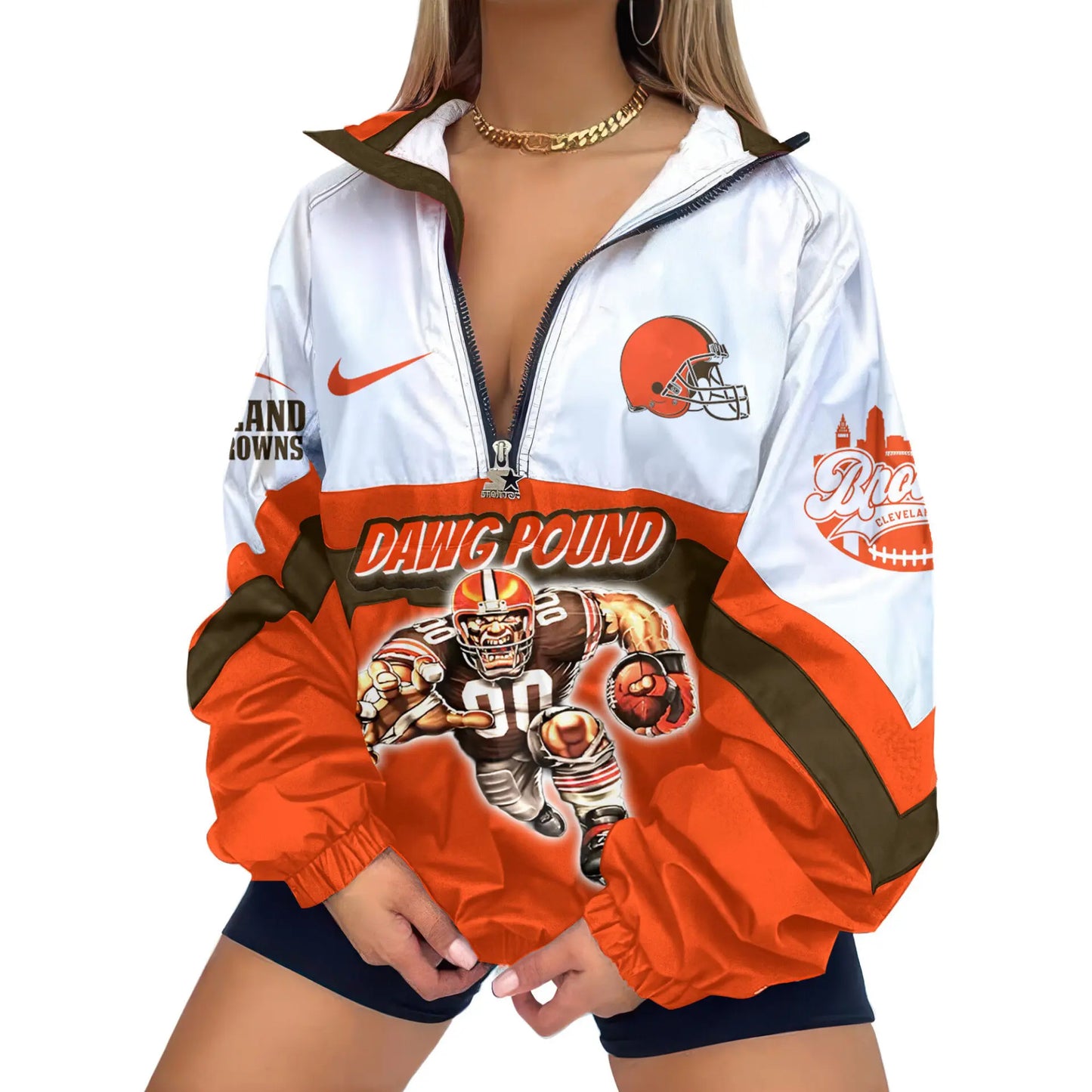 Cleveland Browns | Premium Women’s Printed V-Neck Zipper Sweatshirt Jackets TD – HuddleStyle.com - Main