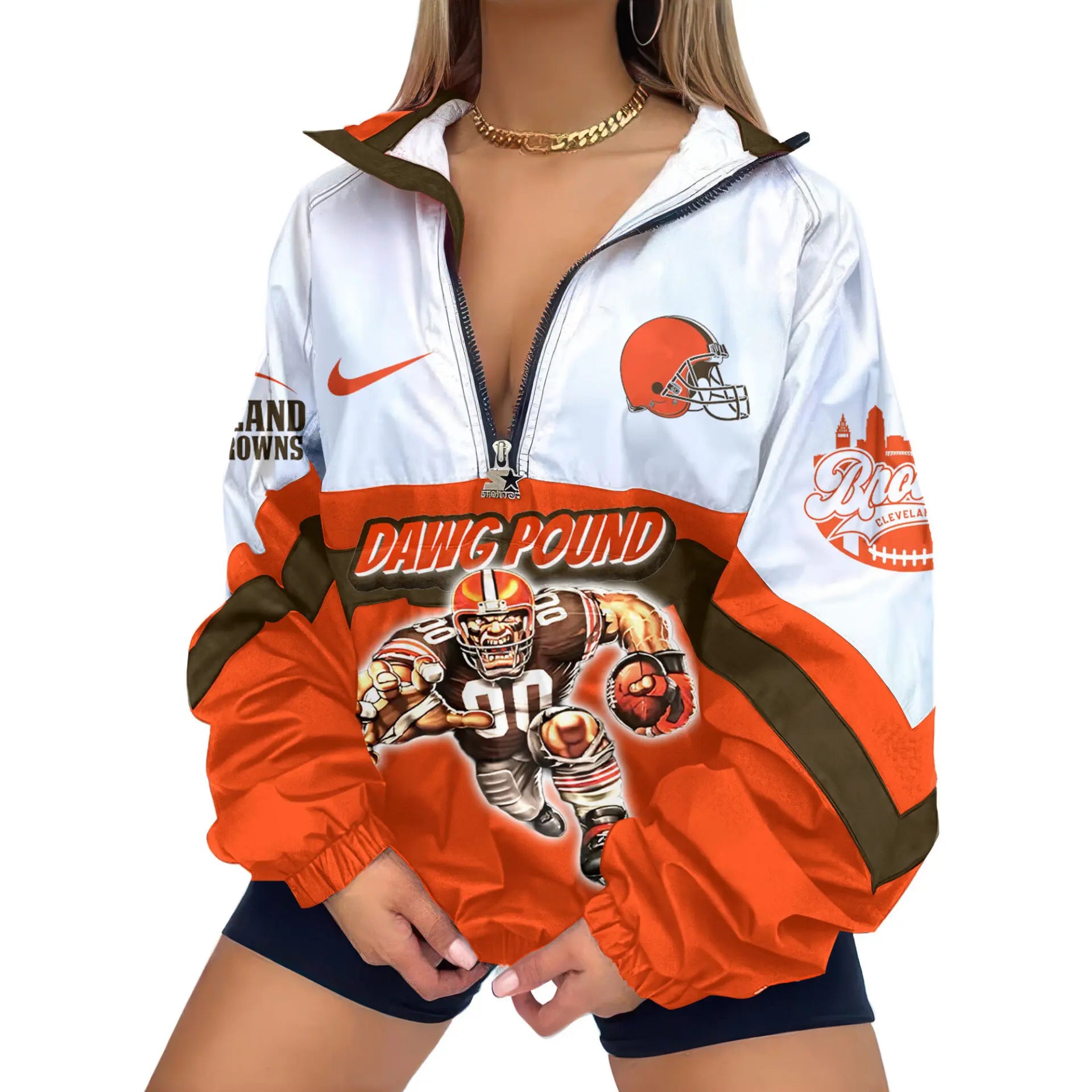 Cleveland Browns | Premium Women’s Printed V-Neck Zipper Sweatshirt Jackets TD – HuddleStyle.com - Main