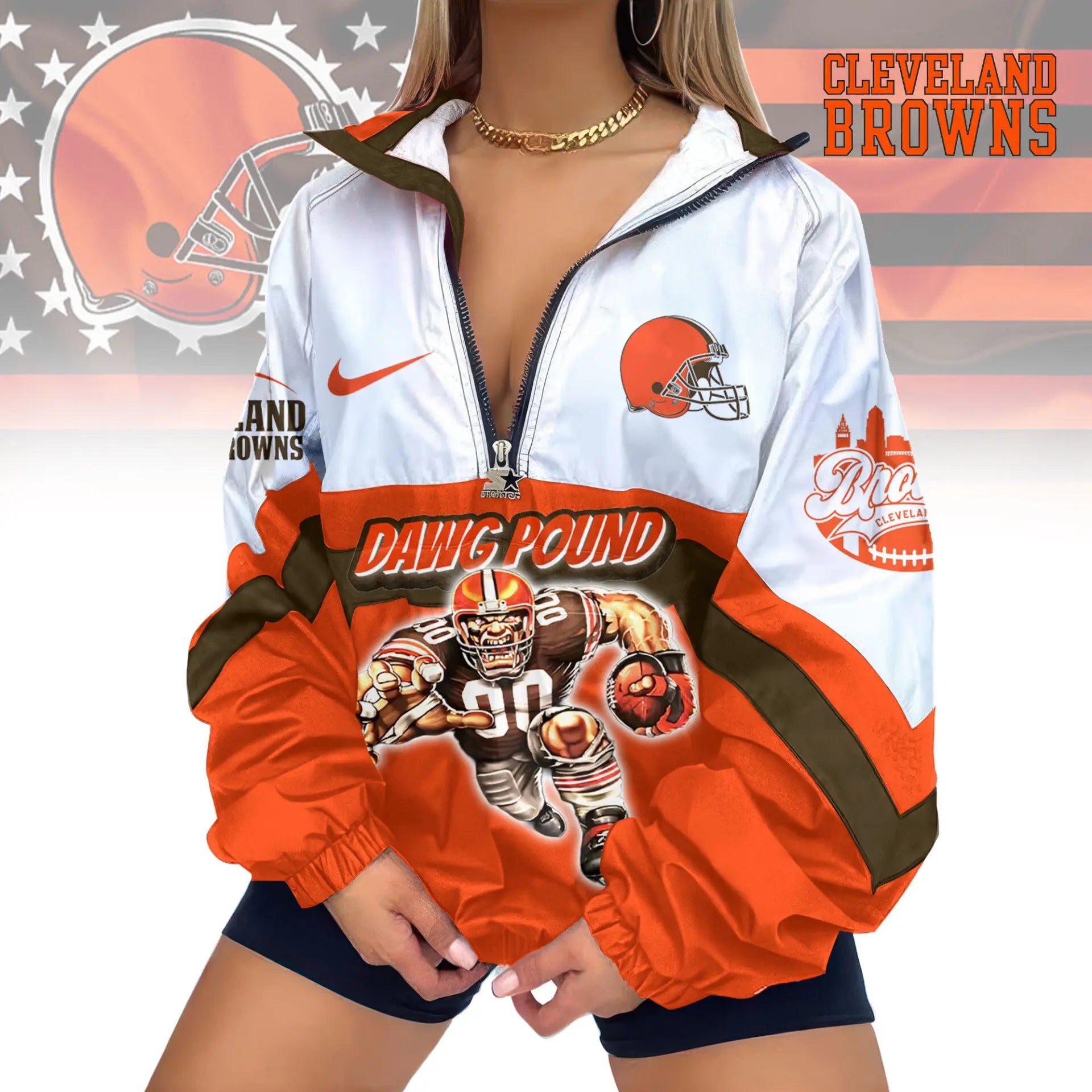 Cleveland Browns | Premium Women’s Printed V-Neck Zipper Sweatshirt Jackets TD – HuddleStyle.com - Image 2
