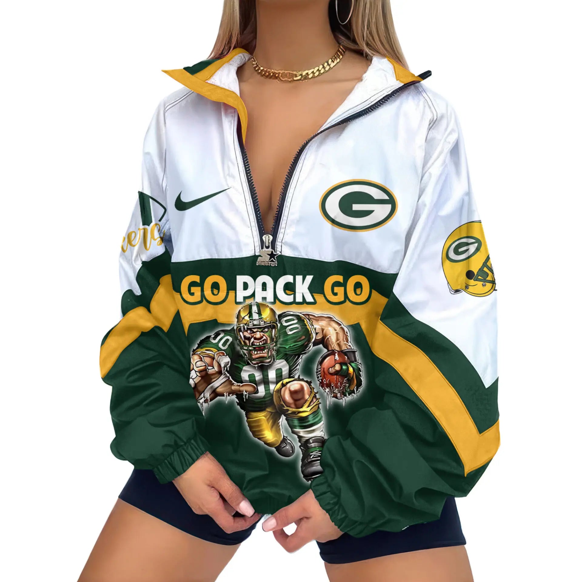 Green Bay Packers | Premium Women’s Printed V-Neck Zipper Sweatshirt Jackets TD – HuddleStyle.com - Image 2