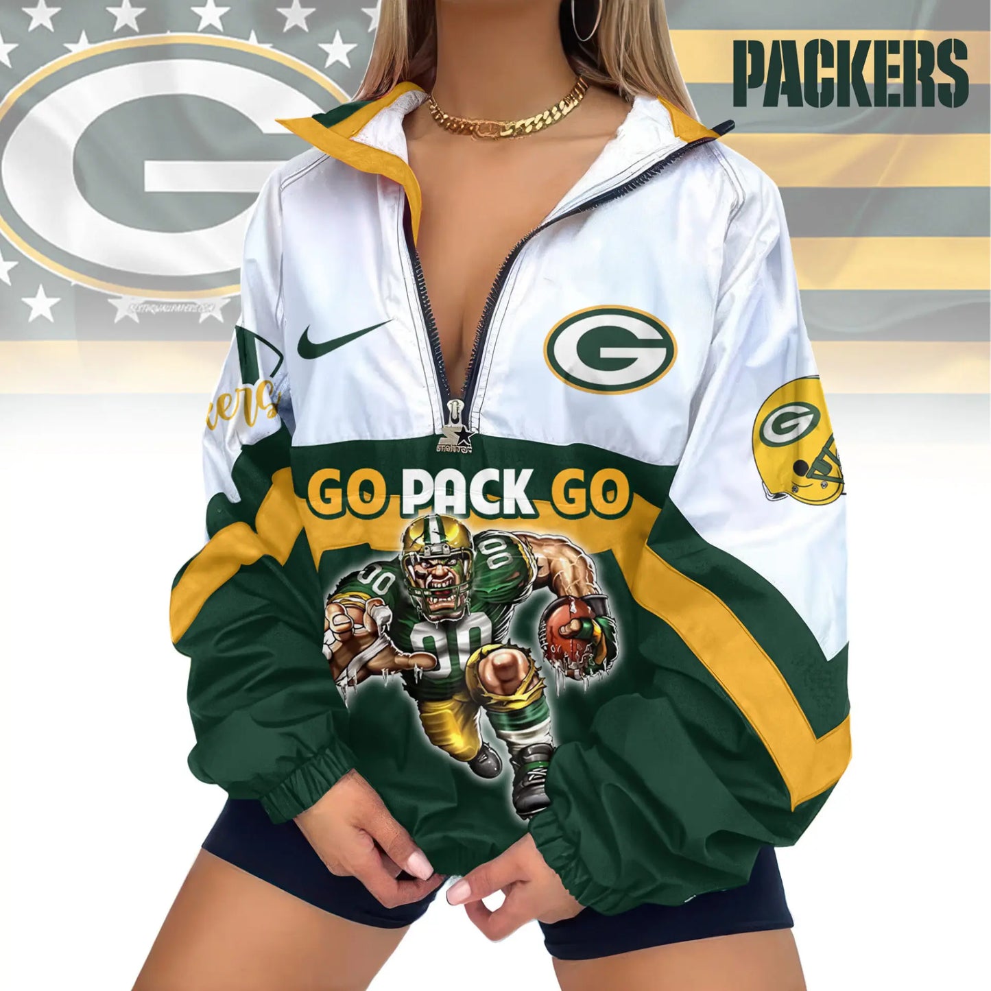 Green Bay Packers | Premium Women’s Printed V-Neck Zipper Sweatshirt Jackets TD – HuddleStyle.com - Main