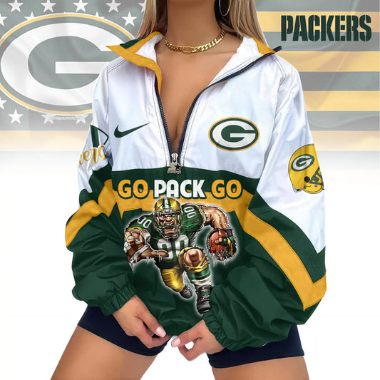 Green Bay Packers | Premium Women’s Printed V-Neck Zipper Sweatshirt Jackets TD – HuddleStyle.com - Main