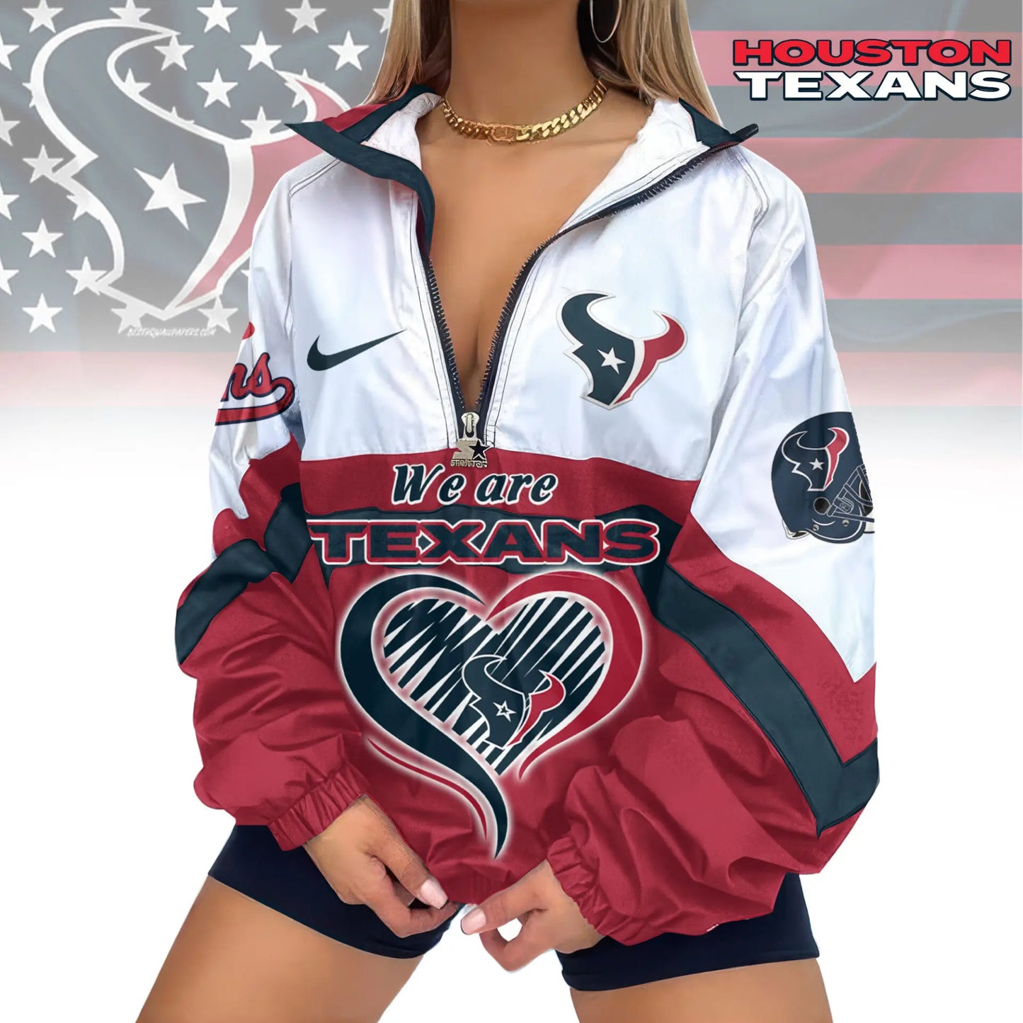 Houston Texans | Premium Women’s Printed V-Neck Zipper Sweatshirt Jackets TD – HuddleStyle.com - Image 2