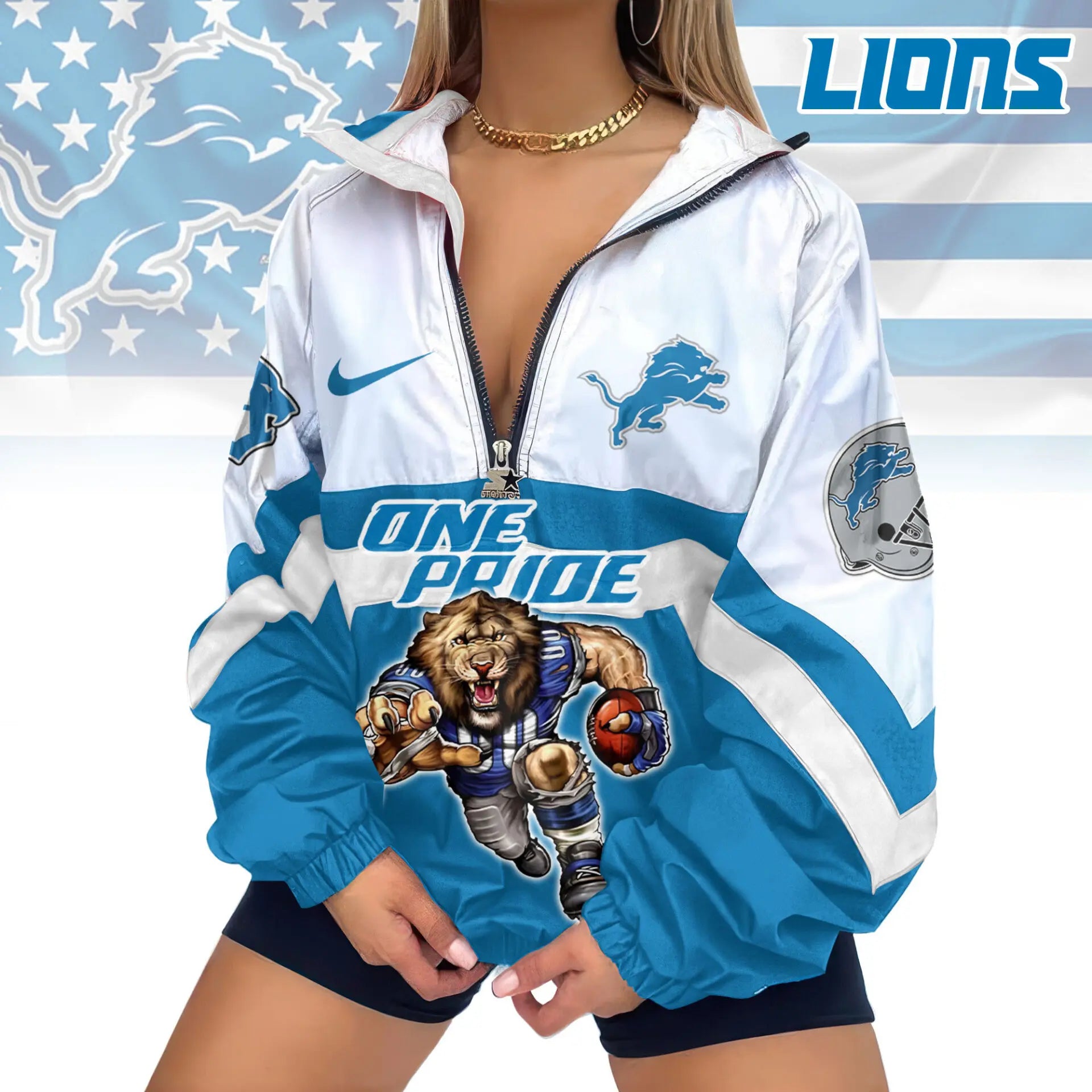Detroit Lions | Premium Women’s Printed V-Neck Zipper Sweatshirt Jackets TD – HuddleStyle.com - Image 2