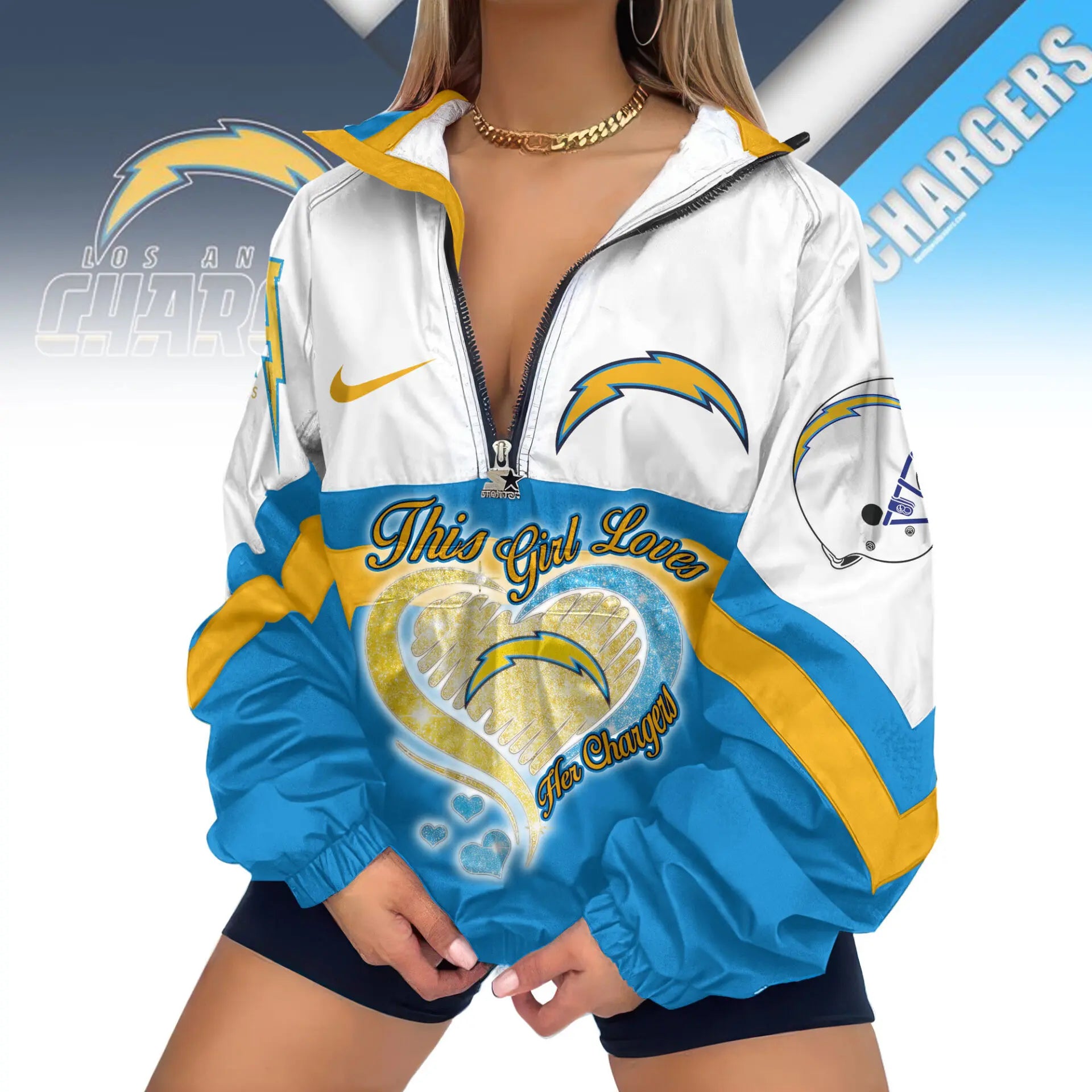 Los Angeles Chargers | Premium Women’s Printed V-Neck Zipper Sweatshirt Jackets TD – HuddleStyle.com - Main