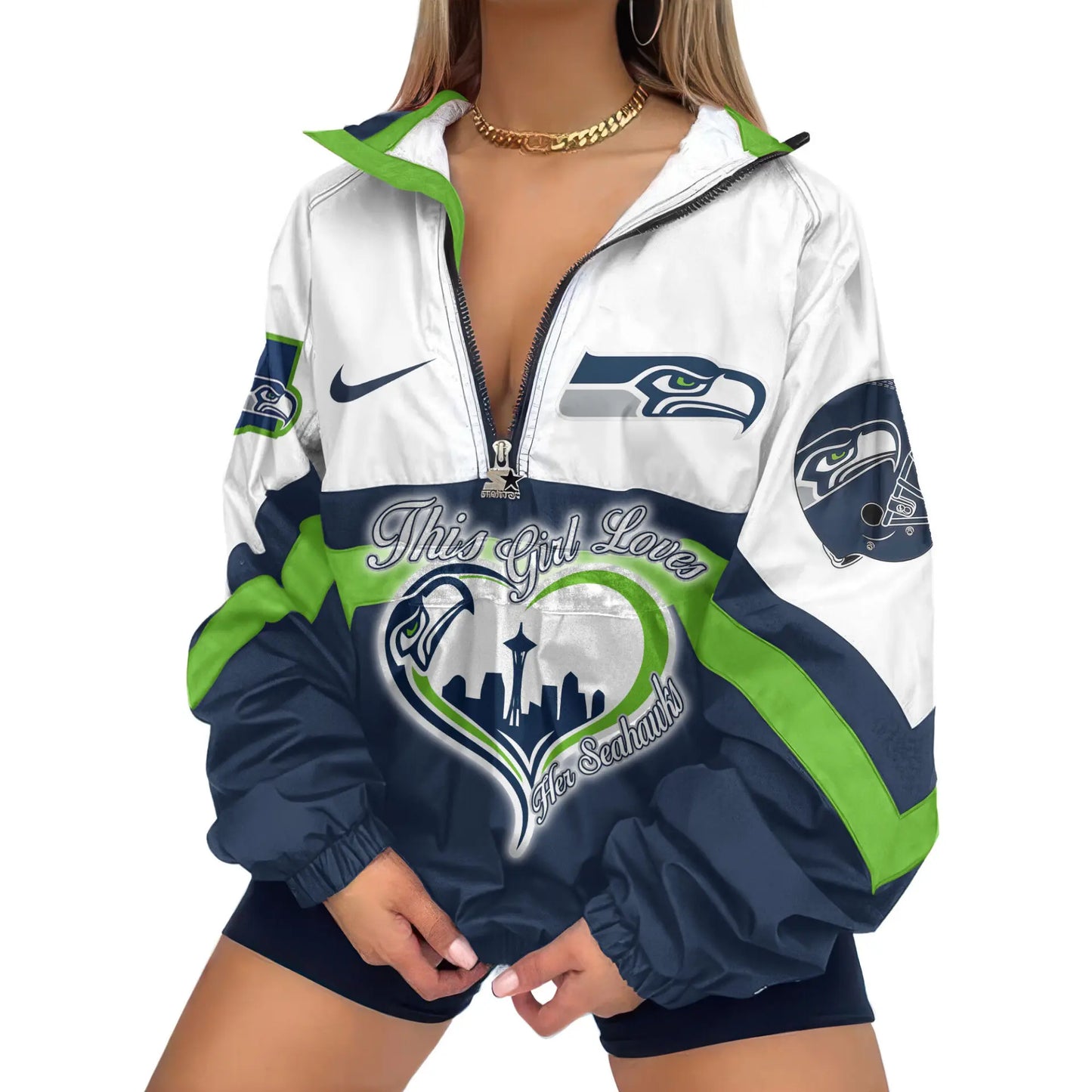 Seattle Seahawks | Premium Women’s Printed V-Neck Zipper Sweatshirt Jackets TD – HuddleStyle.com - Main