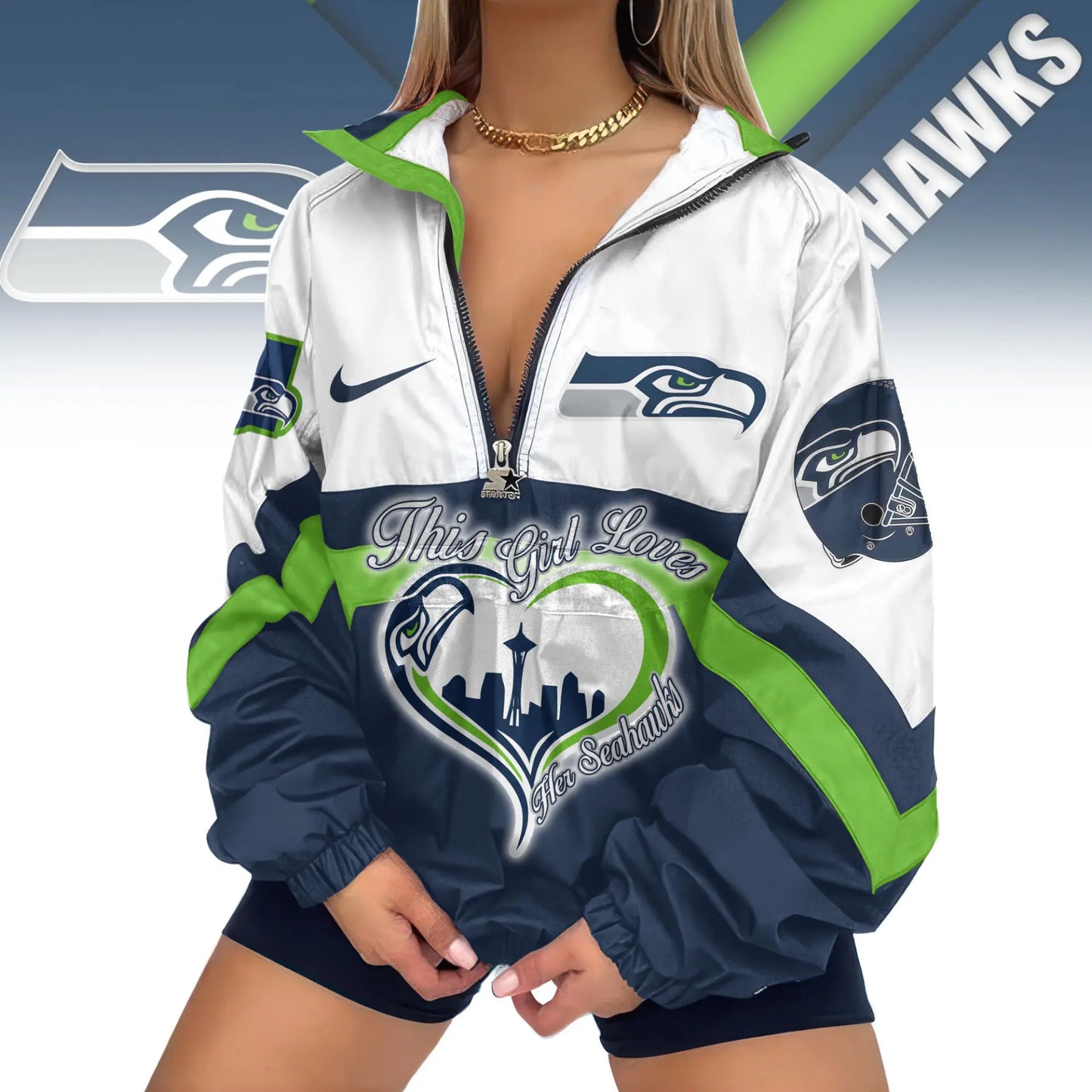 Seattle Seahawks | Premium Women’s Printed V-Neck Zipper Sweatshirt Jackets TD – HuddleStyle.com - Image 2