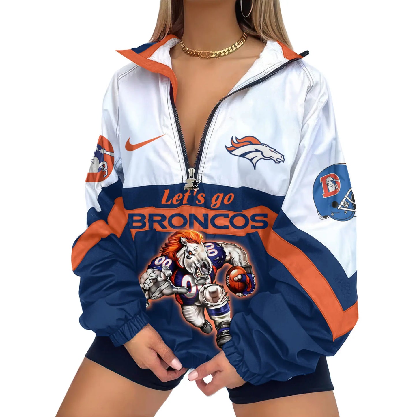 Denver Broncos | Premium Women’s Printed V-Neck Zipper Sweatshirt Jackets TD – HuddleStyle.com - Main