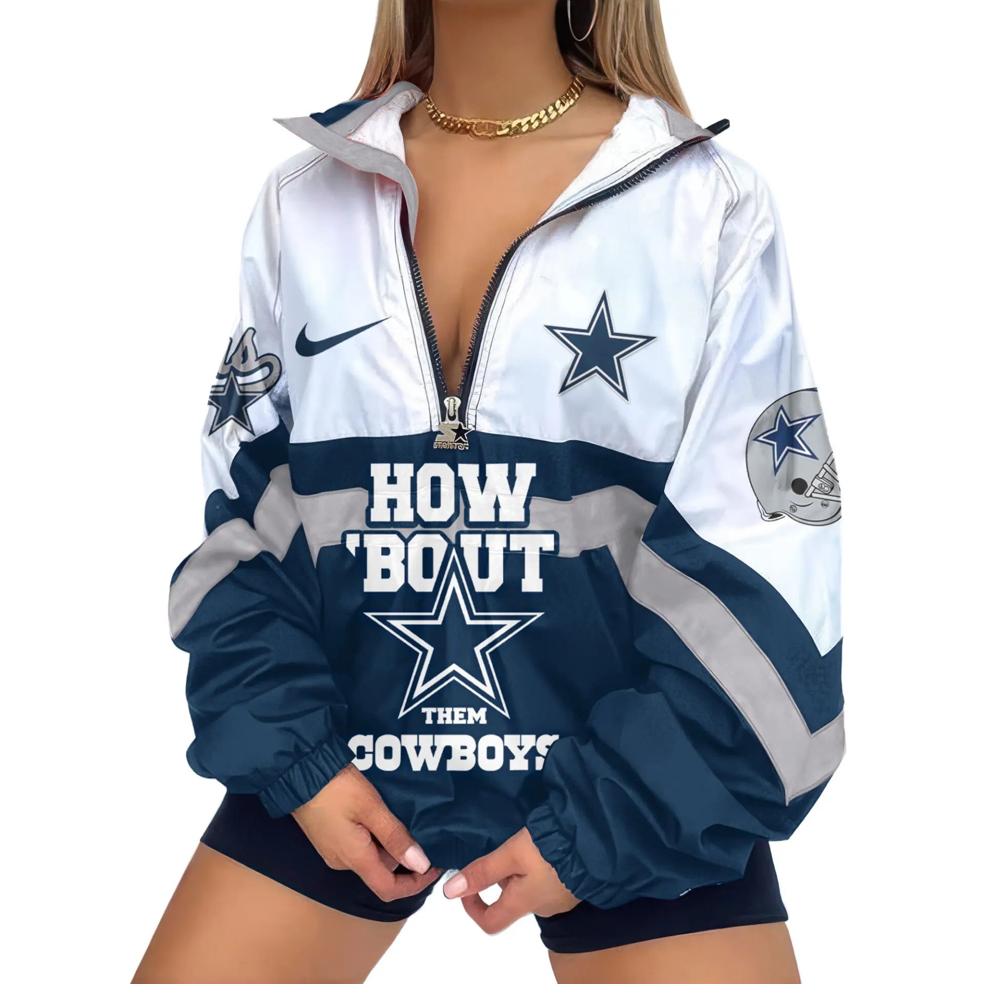 Dallas Cowboys | Premium Women’s Printed V-Neck Zipper Sweatshirt Jackets TD – HuddleStyle.com - Main