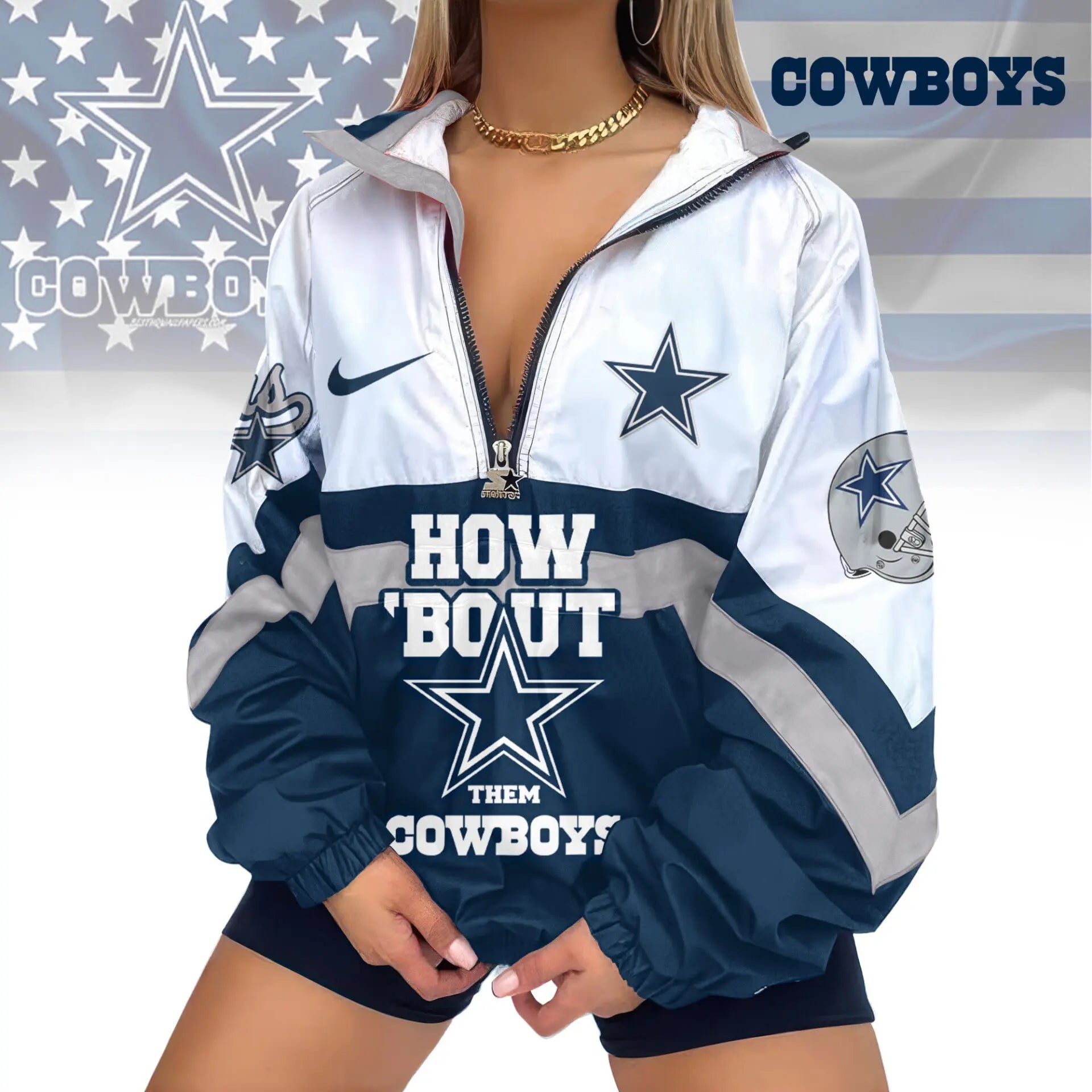 Dallas Cowboys | Premium Women’s Printed V-Neck Zipper Sweatshirt Jackets TD – HuddleStyle.com - Main
