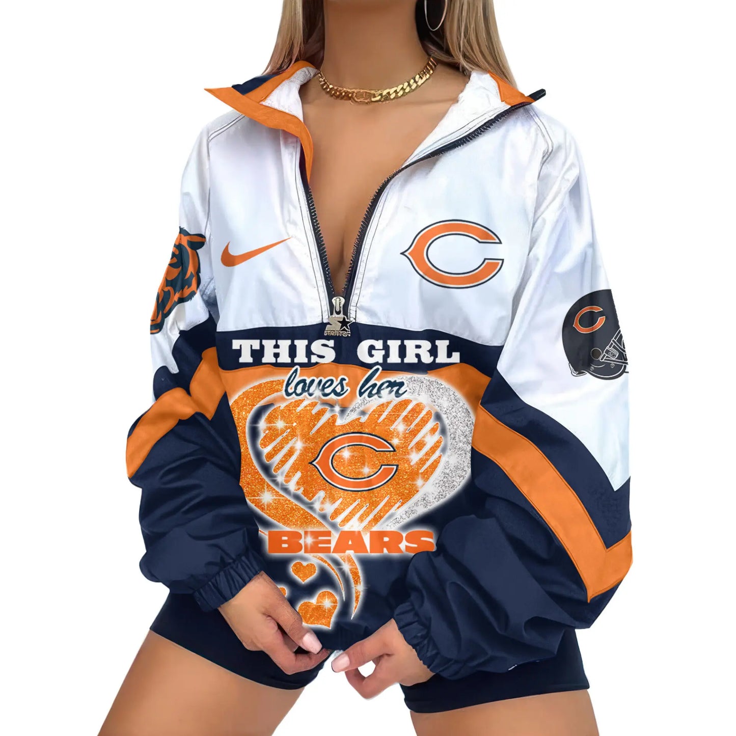 Chicago Bears | Premium Women’s Printed V-Neck Zipper Sweatshirt Jackets TD – HuddleStyle.com - Image 2