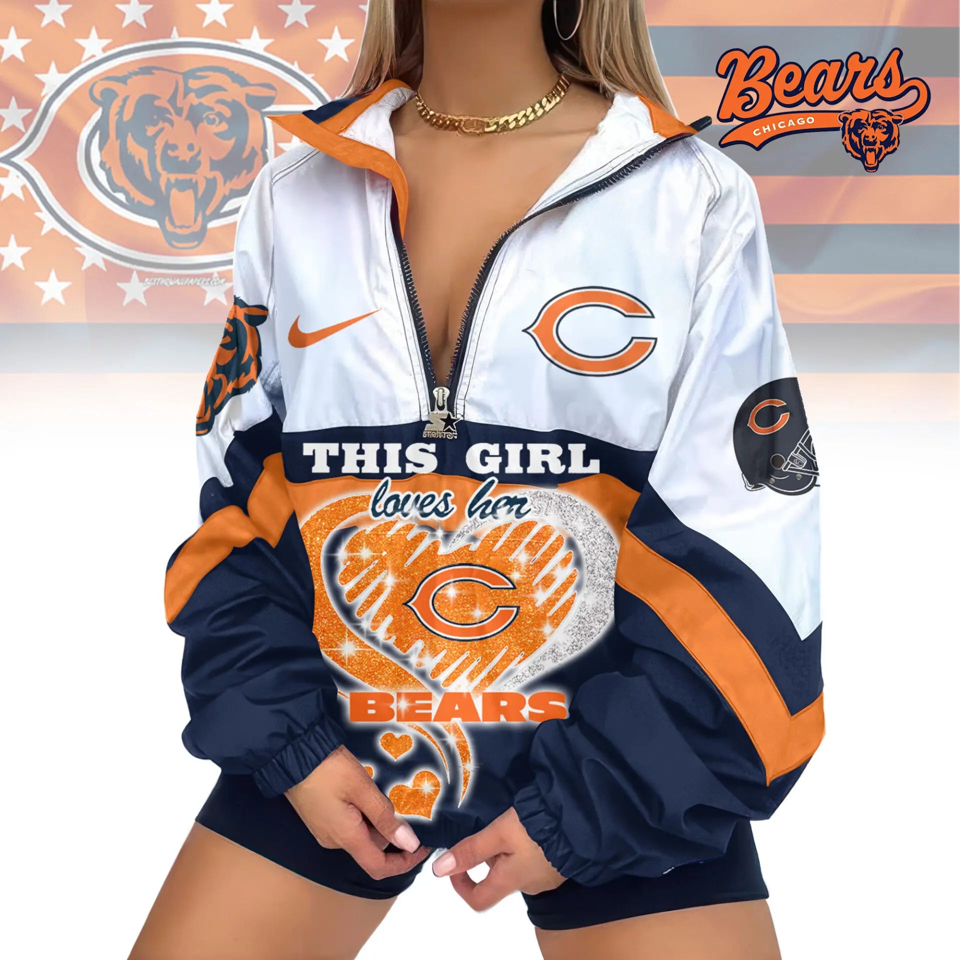 Chicago Bears | Premium Women’s Printed V-Neck Zipper Sweatshirt Jackets TD – HuddleStyle.com - Main