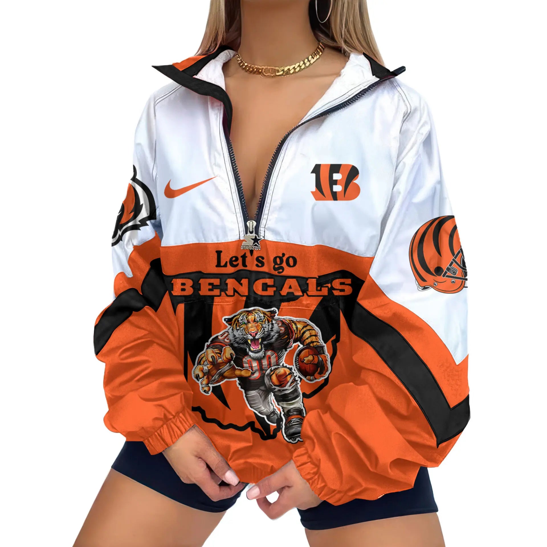 Cincinnati Bengals | Premium Women’s Printed V-Neck Zipper Sweatshirt Jackets TD – HuddleStyle.com - Main