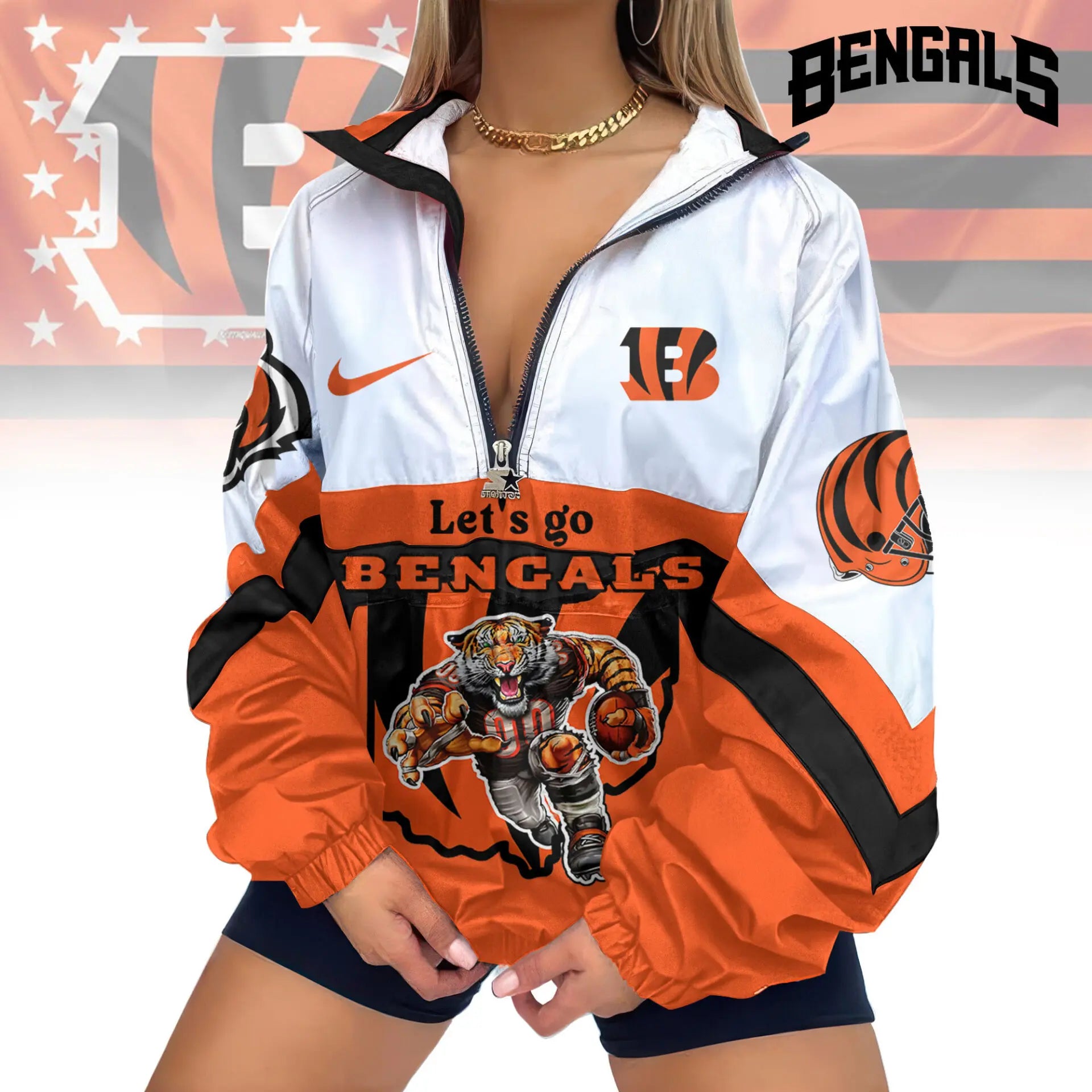 Cincinnati Bengals | Premium Women’s Printed V-Neck Zipper Sweatshirt Jackets TD – HuddleStyle.com - Main