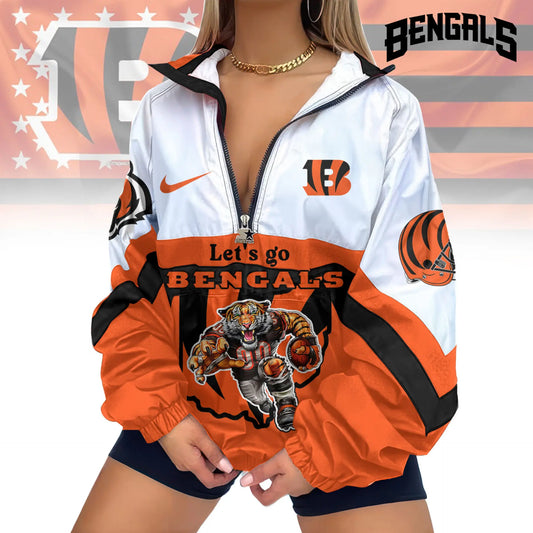 Cincinnati Bengals | Premium Women’s Printed V-Neck Zipper Sweatshirt Jackets TD – HuddleStyle.com - Main