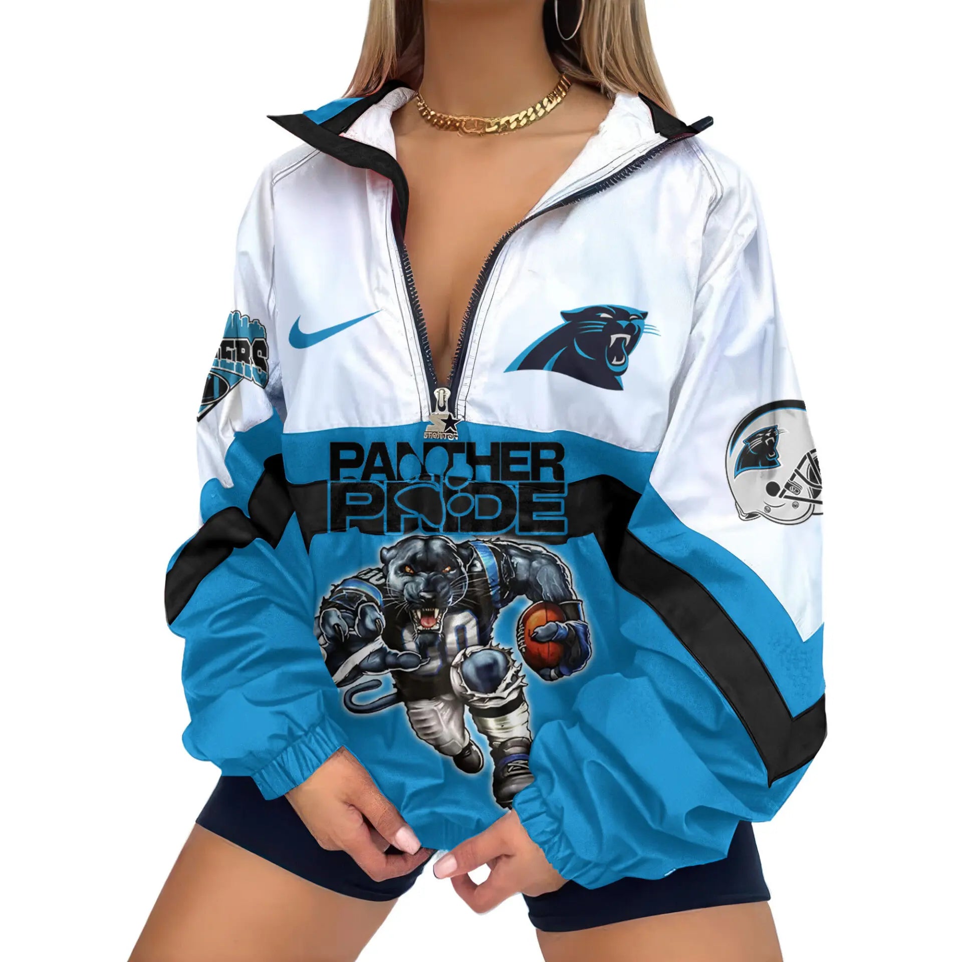 Carolina Panthers | Premium Women’s Printed V-Neck Zipper Sweatshirt Jackets TD – HuddleStyle.com - Image 2