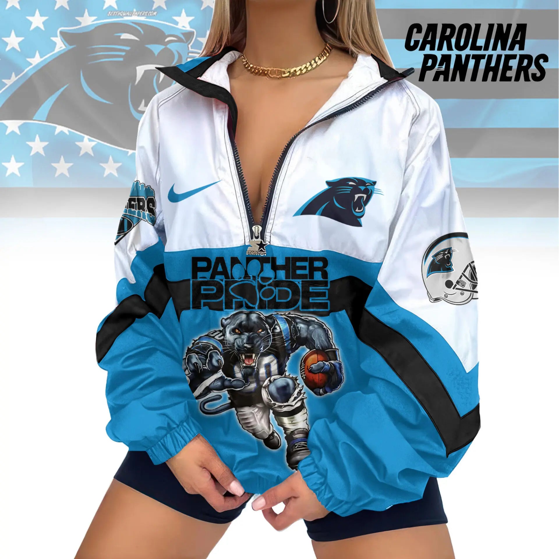 Carolina Panthers | Premium Women’s Printed V-Neck Zipper Sweatshirt Jackets TD – HuddleStyle.com - Main