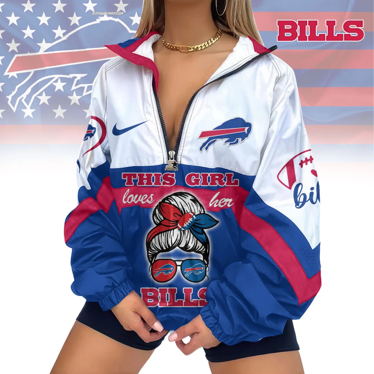 Buffalo Bills | Premium Women’s Printed V-Neck Zipper Sweatshirt Jackets TD – HuddleStyle.com - Image 2