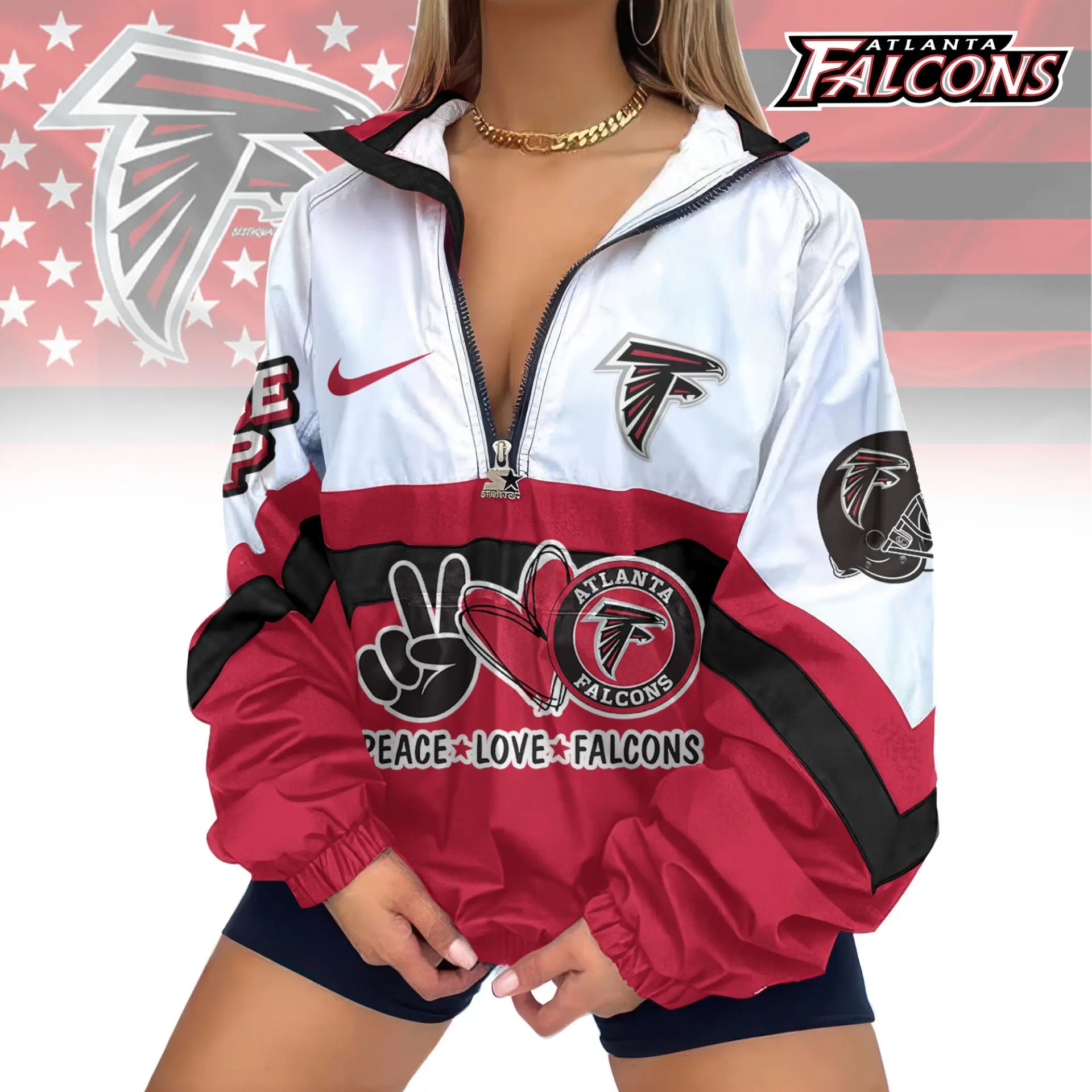 Atlanta Falcons | Premium Women’s Printed V-Neck Zipper Sweatshirt Jackets TD – HuddleStyle.com - Main