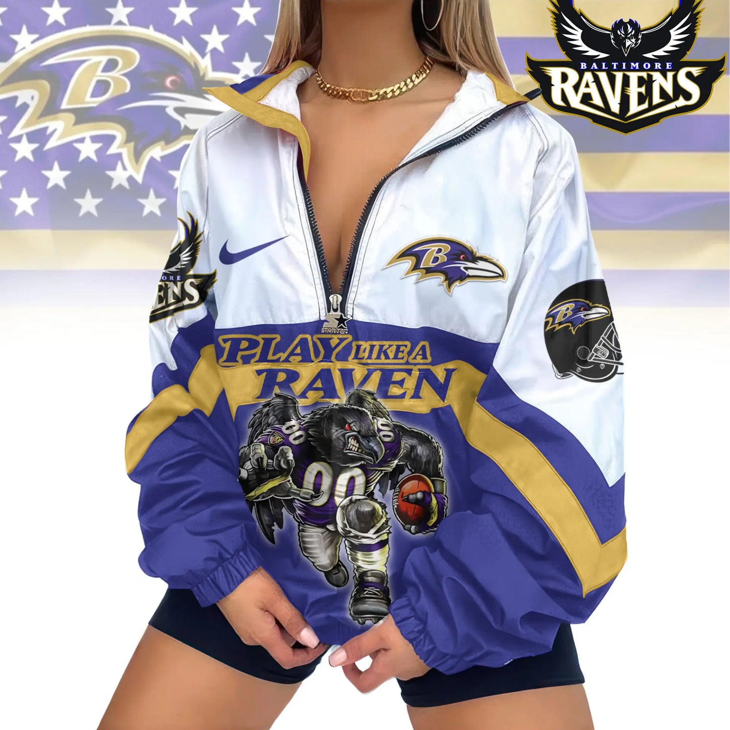 Baltimore Ravens | Premium Women’s Printed V-Neck Zipper Sweatshirt Jackets TD – HuddleStyle.com - Image 2
