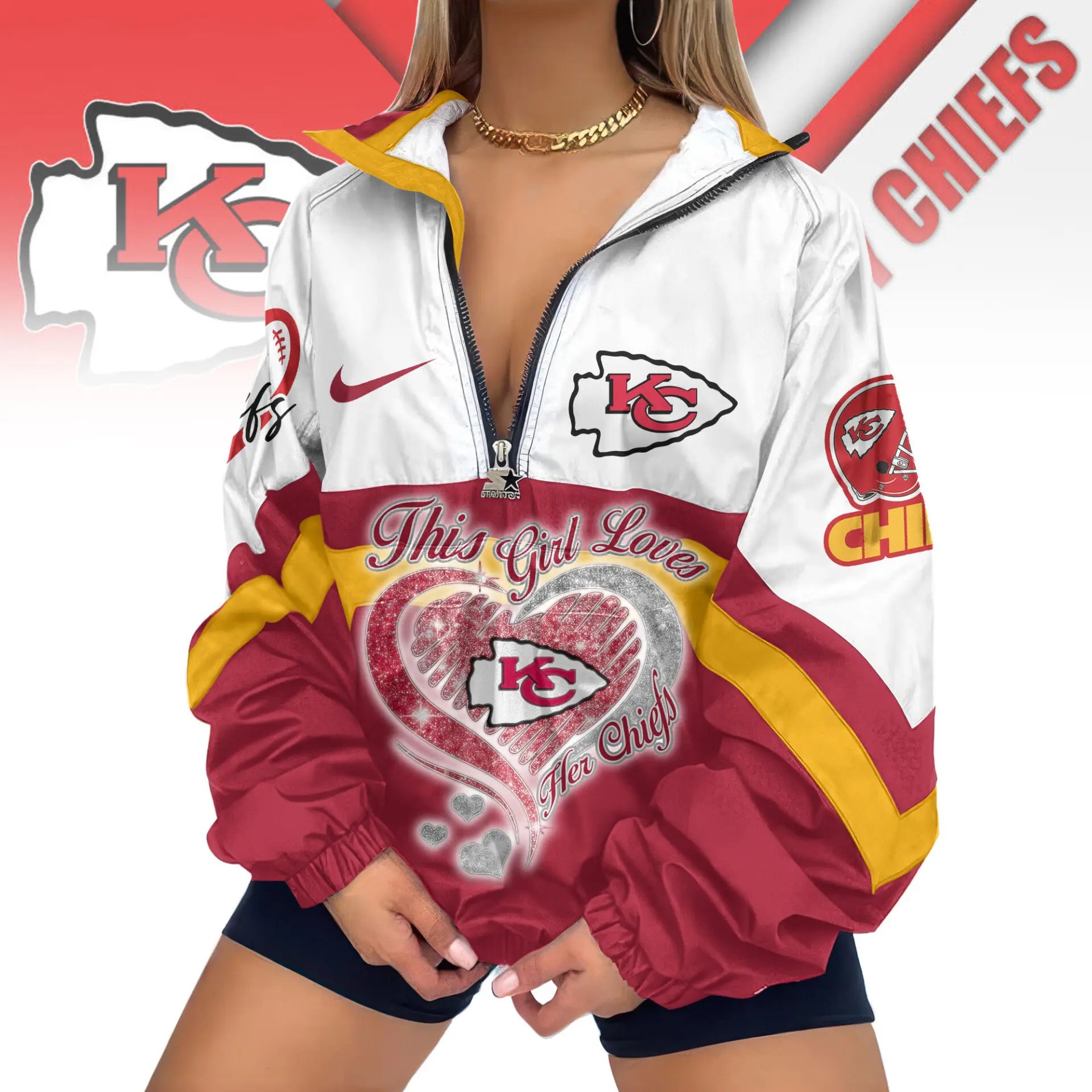 Kansas City Chiefs | Premium Women’s Printed V-Neck Zipper Sweatshirt Jackets TD – HuddleStyle.com - Main