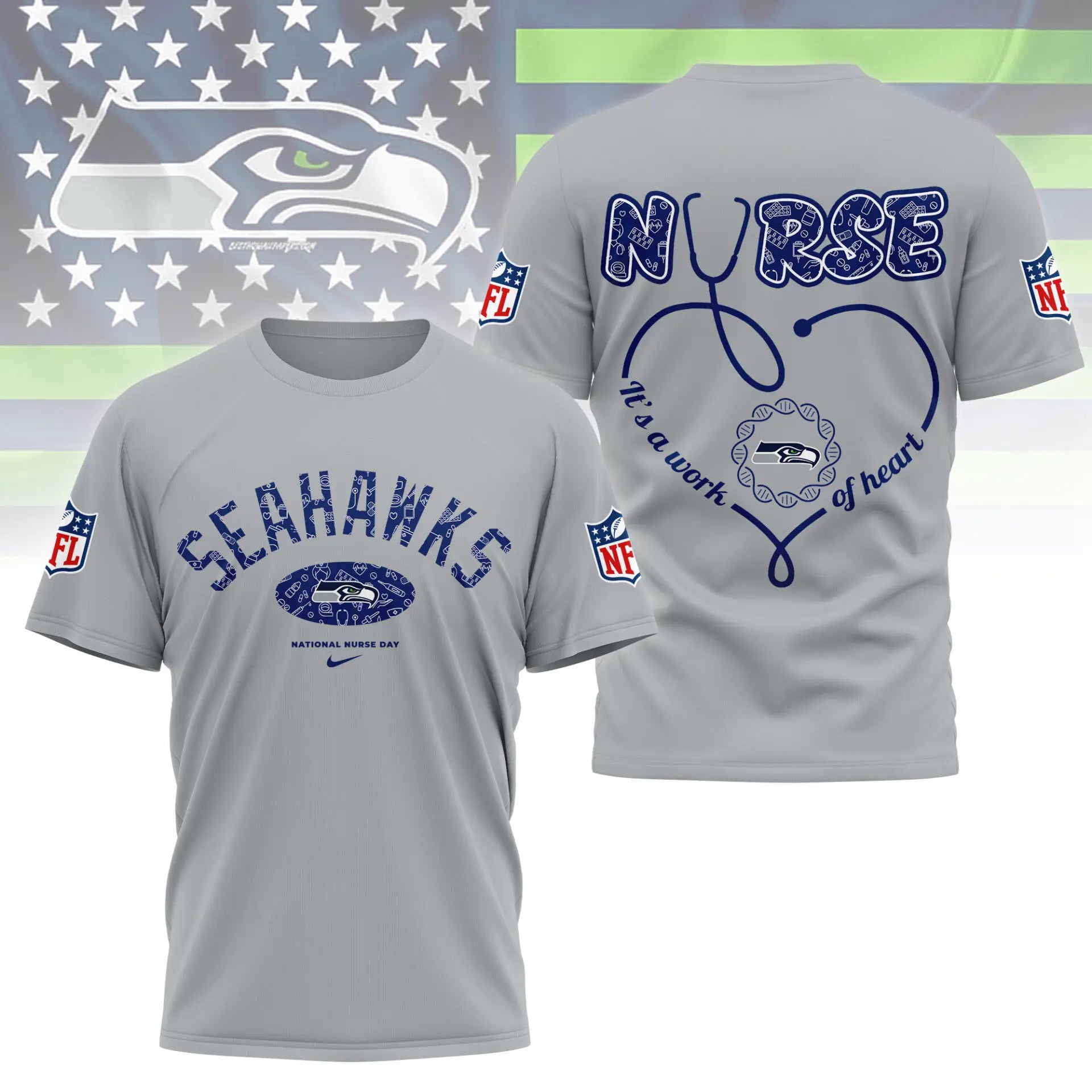 Seattle Seahawks | PREMIUM 3D NURSE APPRECIATION DAY SHIRT NY – HuddleStyle.com - Image 2