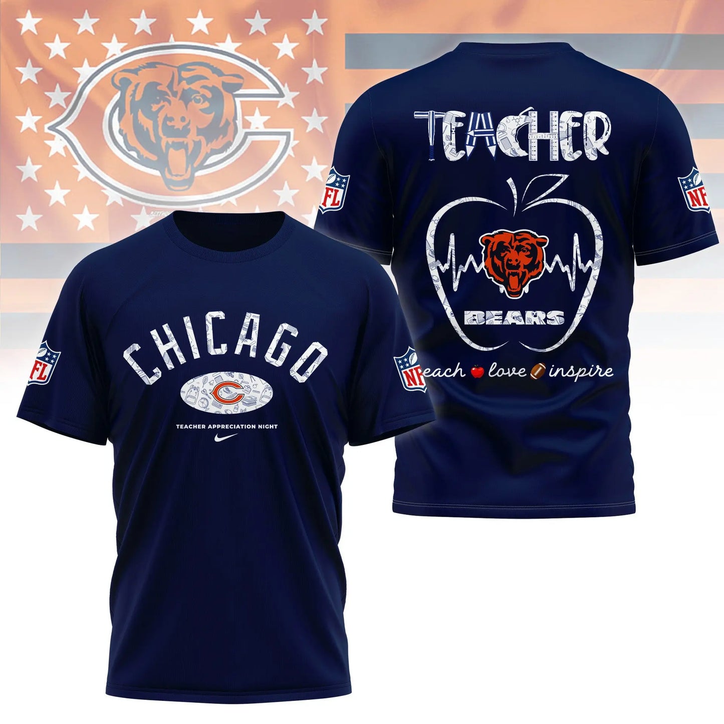 Chicago Bears |PREMIUM 3D TEACHER APPRECIATION DAY SHIRT NY – HuddleStyle.com - Image 2