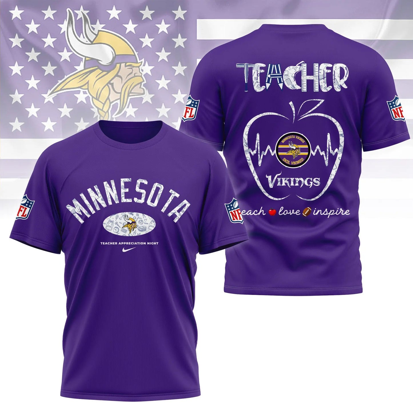 Minnesota Vikings |PREMIUM 3D TEACHER APPRECIATION DAY SHIRT NY – HuddleStyle.com - Image 3
