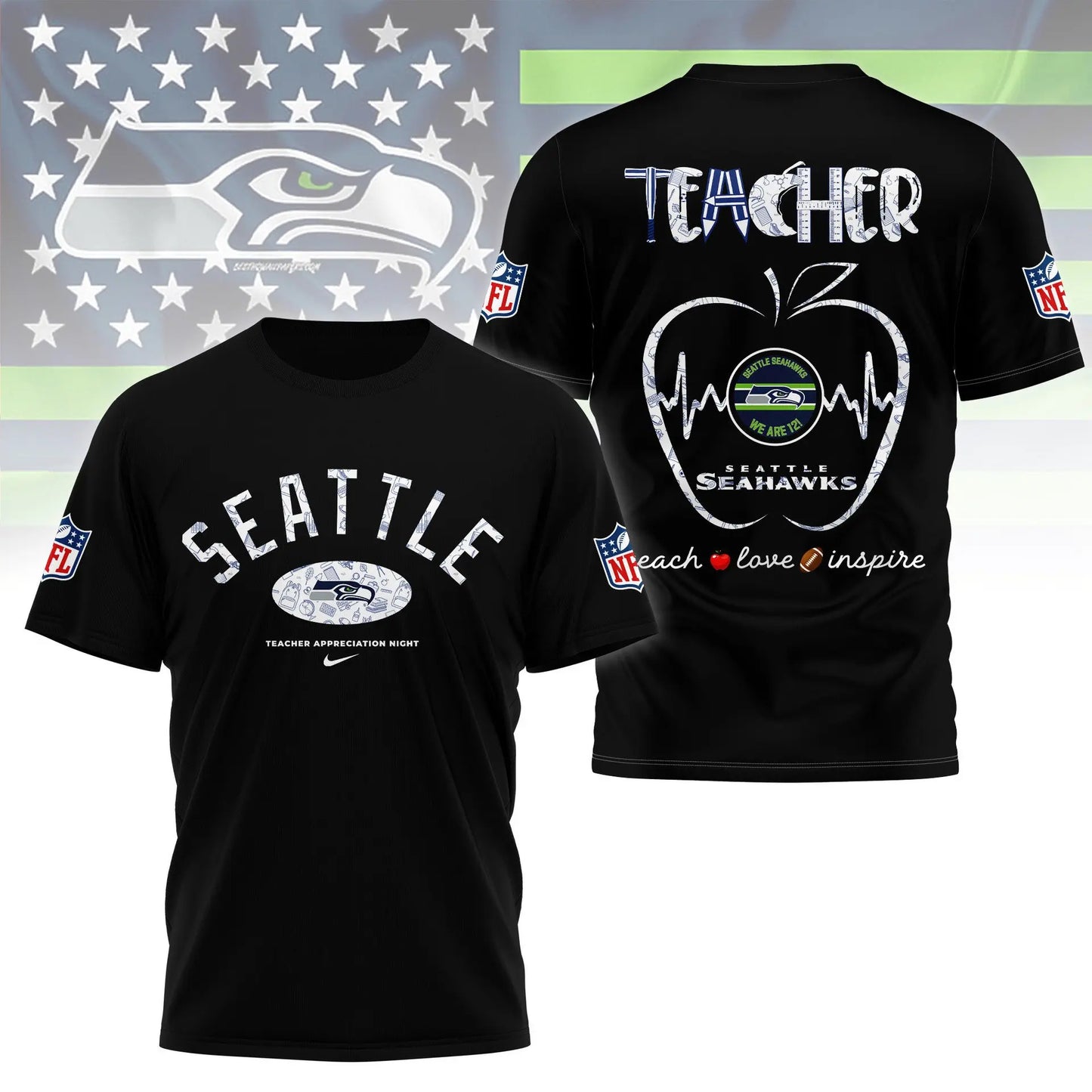 Seattle Seahawks |PREMIUM 3D TEACHER APPRECIATION DAY SHIRT NY – HuddleStyle.com - Image 2