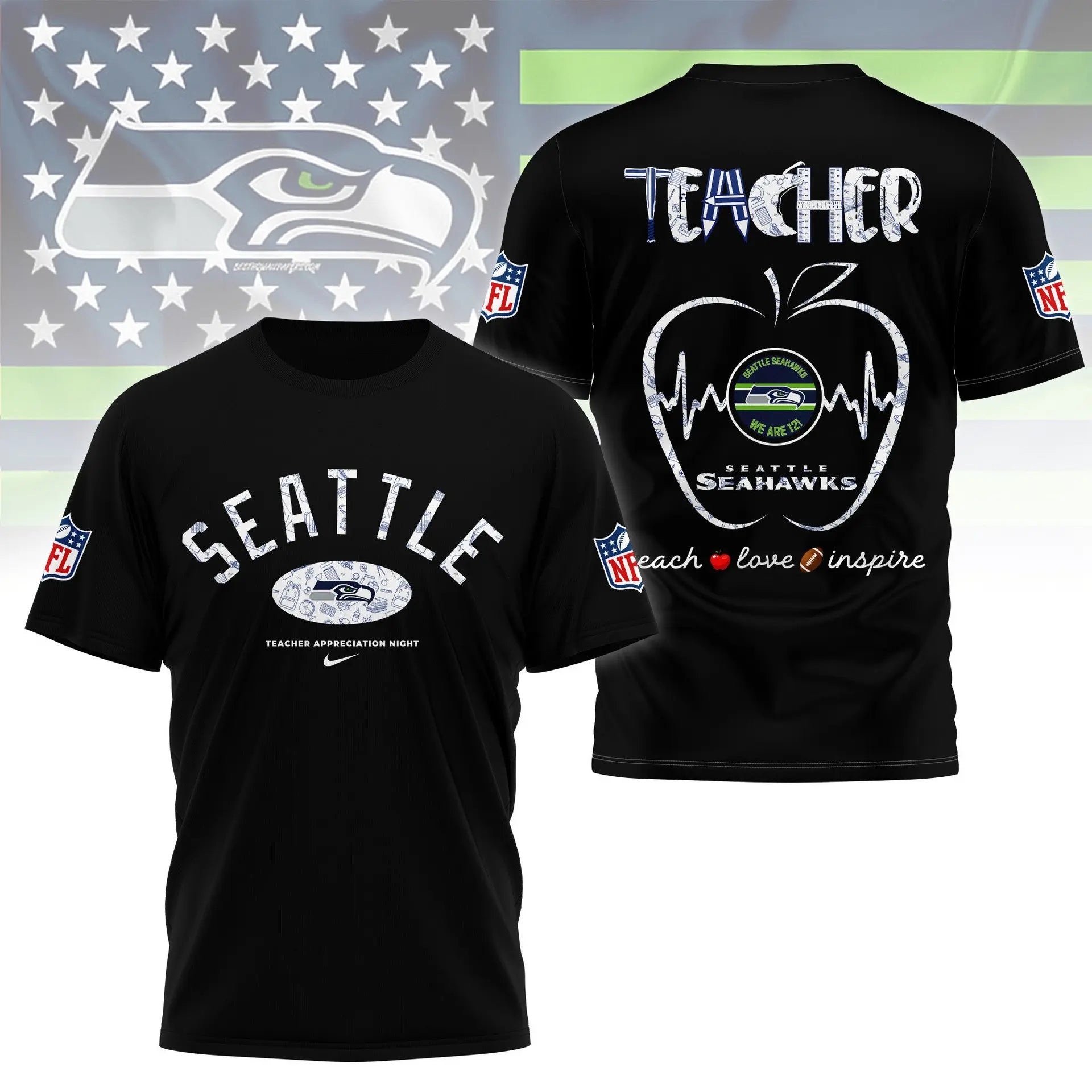 Seattle Seahawks |PREMIUM 3D TEACHER APPRECIATION DAY SHIRT NY – HuddleStyle.com - Image 2