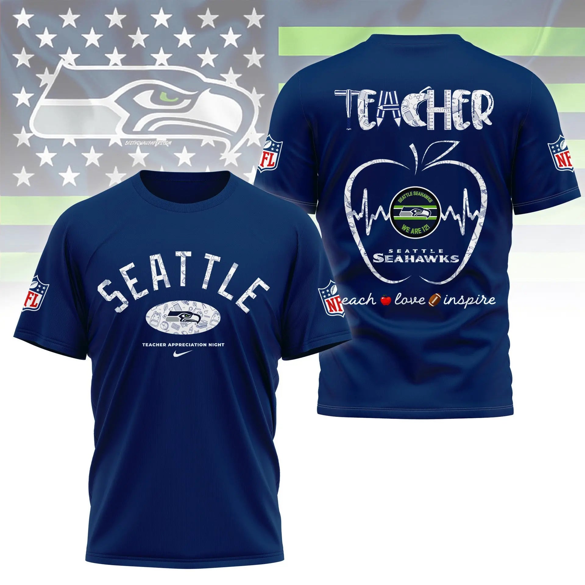 Seattle Seahawks |PREMIUM 3D TEACHER APPRECIATION DAY SHIRT NY – HuddleStyle.com - Main