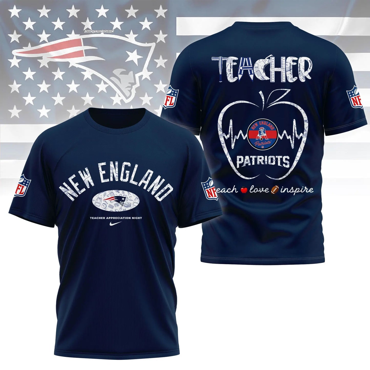 New England Patriots |PREMIUM 3D TEACHER APPRECIATION DAY SHIRT NY – HuddleStyle.com - Image 3