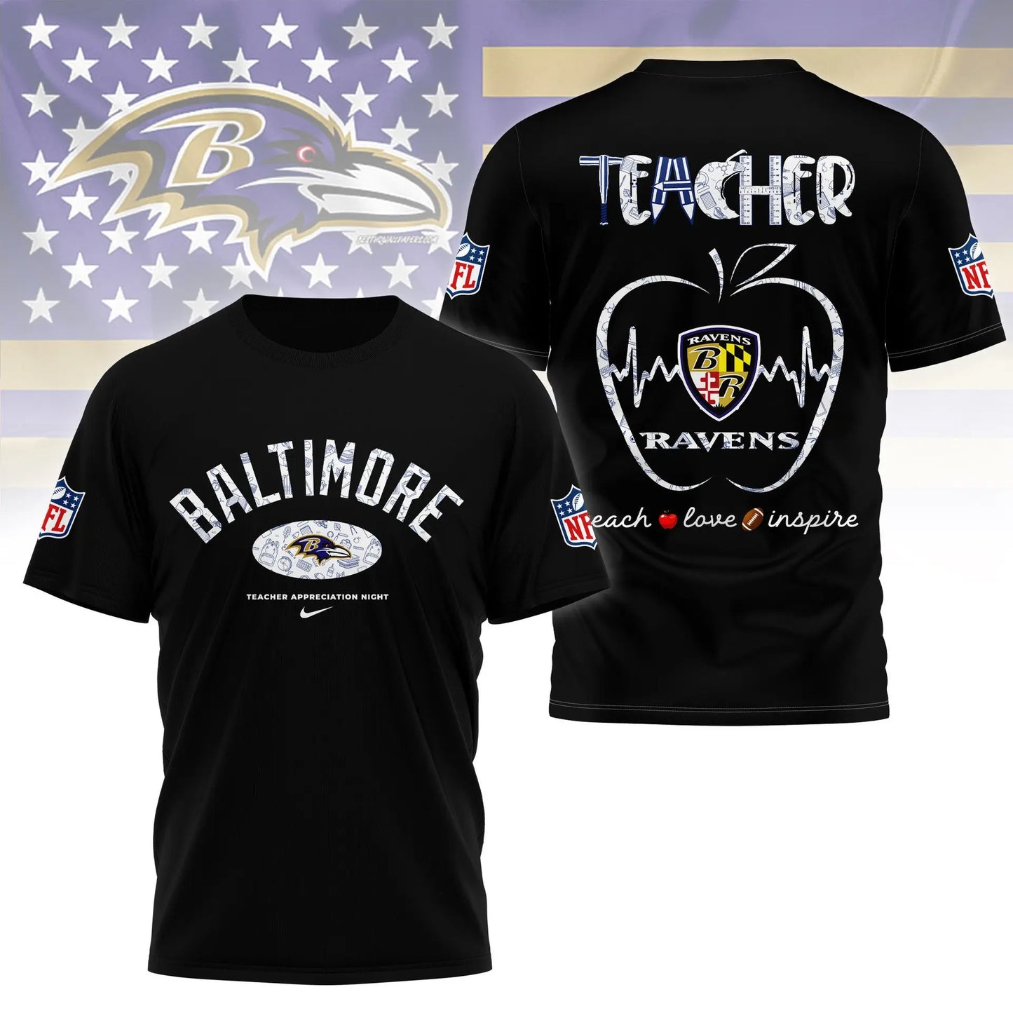 Baltimore Ravens |PREMIUM 3D TEACHER APPRECIATION DAY SHIRT NY – HuddleStyle.com - Image 4