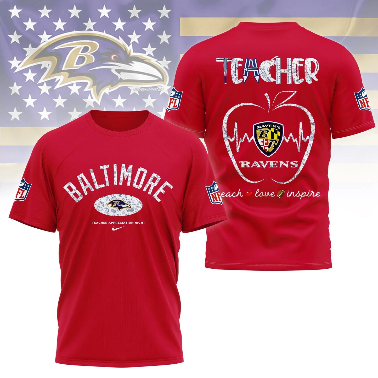 Baltimore Ravens |PREMIUM 3D TEACHER APPRECIATION DAY SHIRT NY – HuddleStyle.com - Image 2