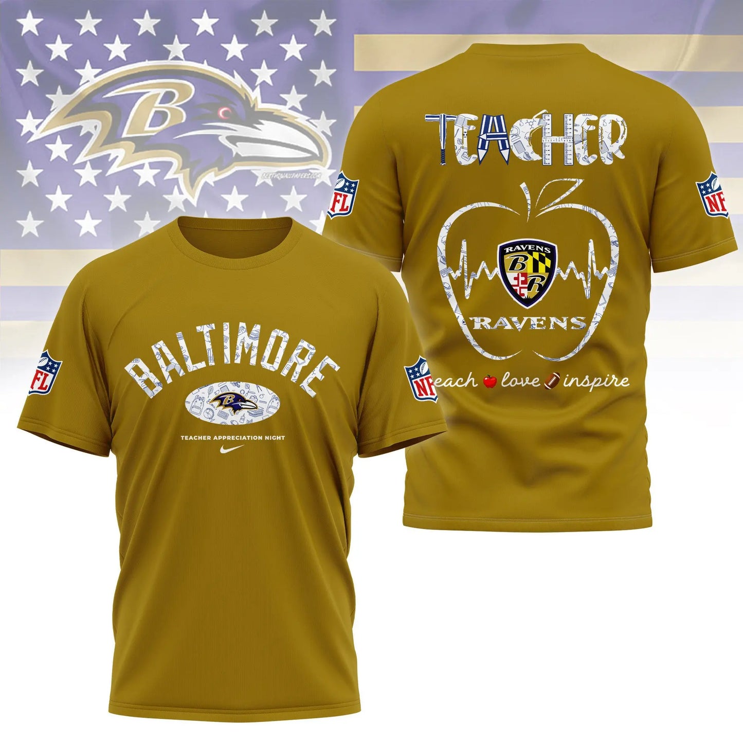 Baltimore Ravens |PREMIUM 3D TEACHER APPRECIATION DAY SHIRT NY – HuddleStyle.com - Main