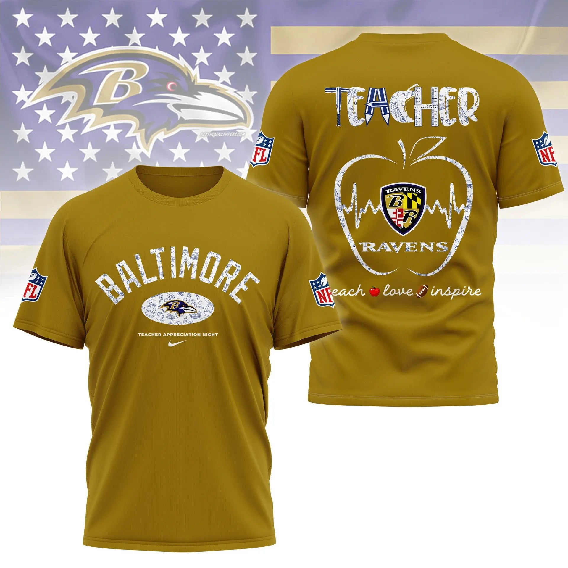 Baltimore Ravens |PREMIUM 3D TEACHER APPRECIATION DAY SHIRT NY – HuddleStyle.com - Main