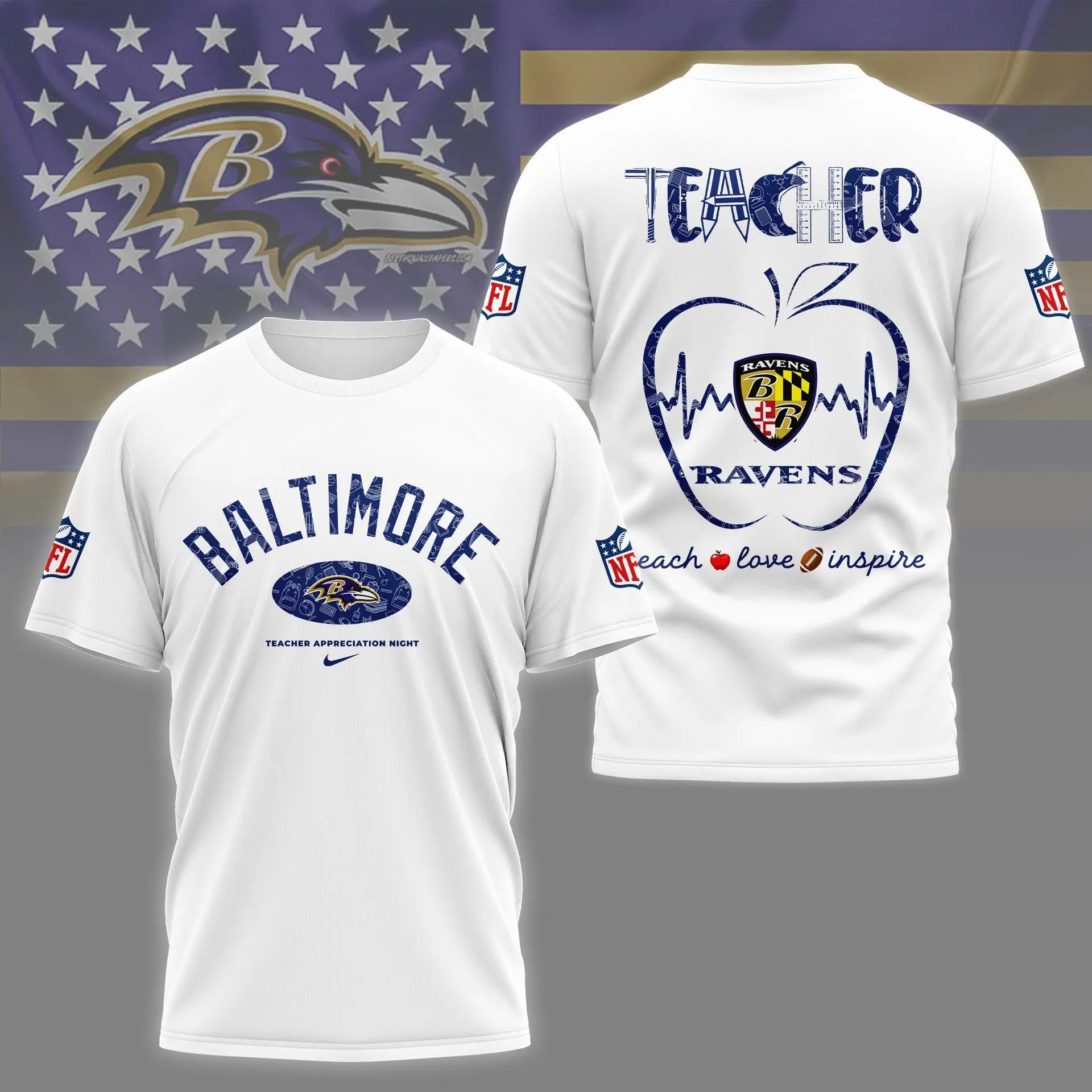 Baltimore Ravens |PREMIUM 3D TEACHER APPRECIATION DAY SHIRT NY – HuddleStyle.com - Image 3