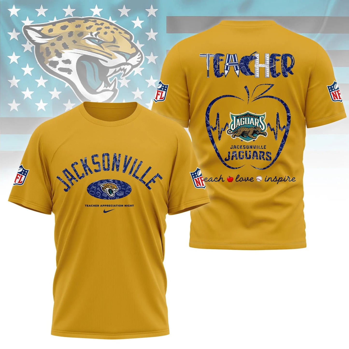 Jacksonville Jaguars |PREMIUM 3D TEACHER APPRECIATION DAY SHIRT NY – HuddleStyle.com - Image 3